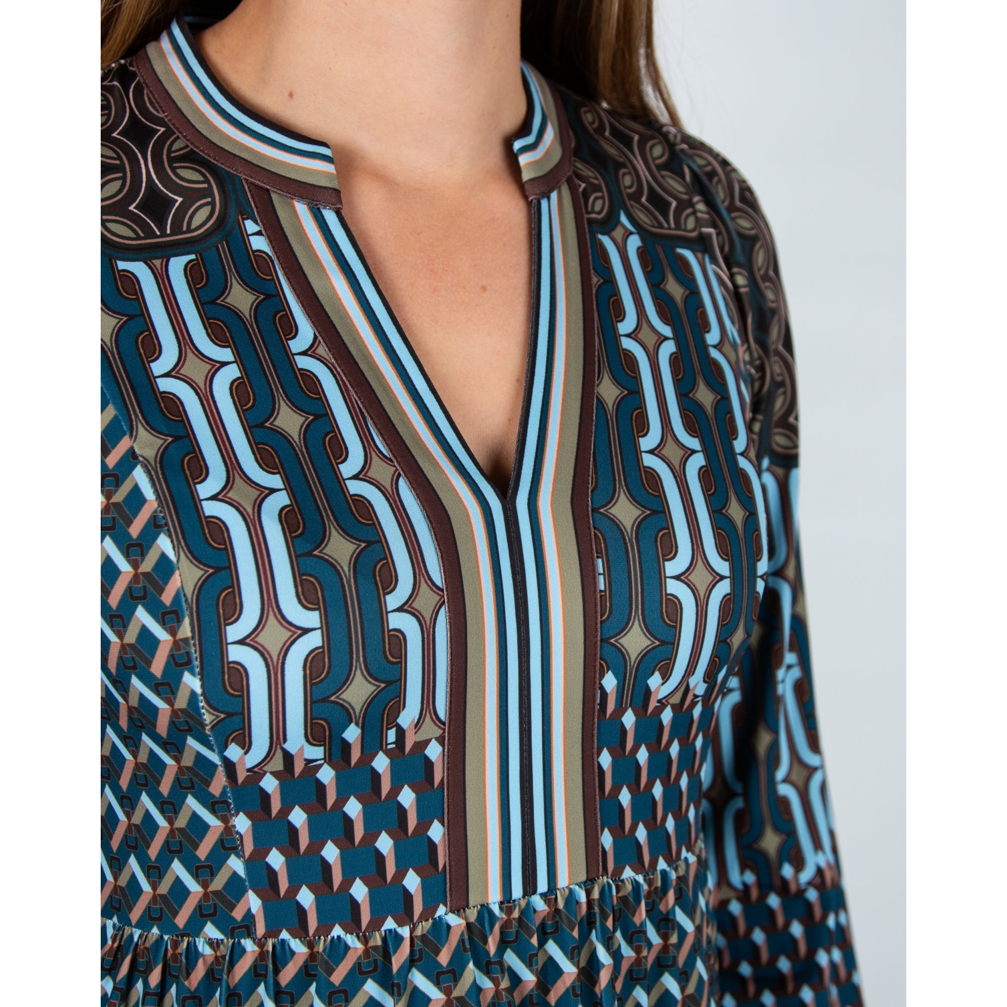 Hale Bob Geometric V Neck Jersey Tiered Dress Teal/brown