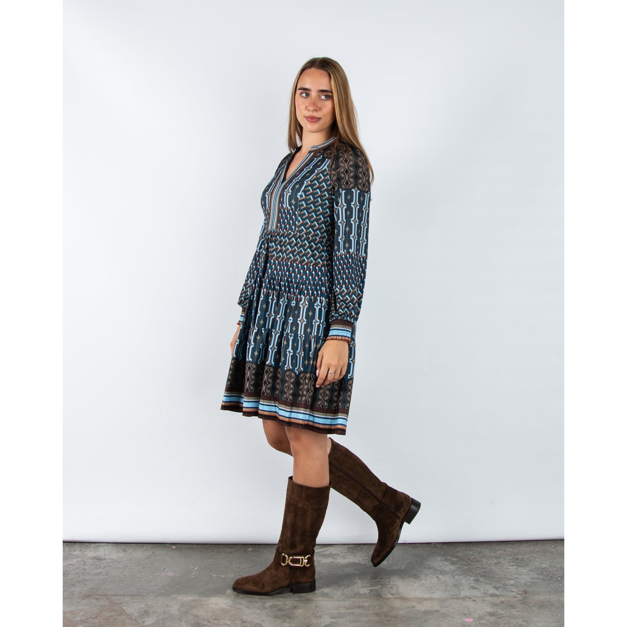 Hale Bob Geometric V Neck Jersey Tiered Dress Teal/brown