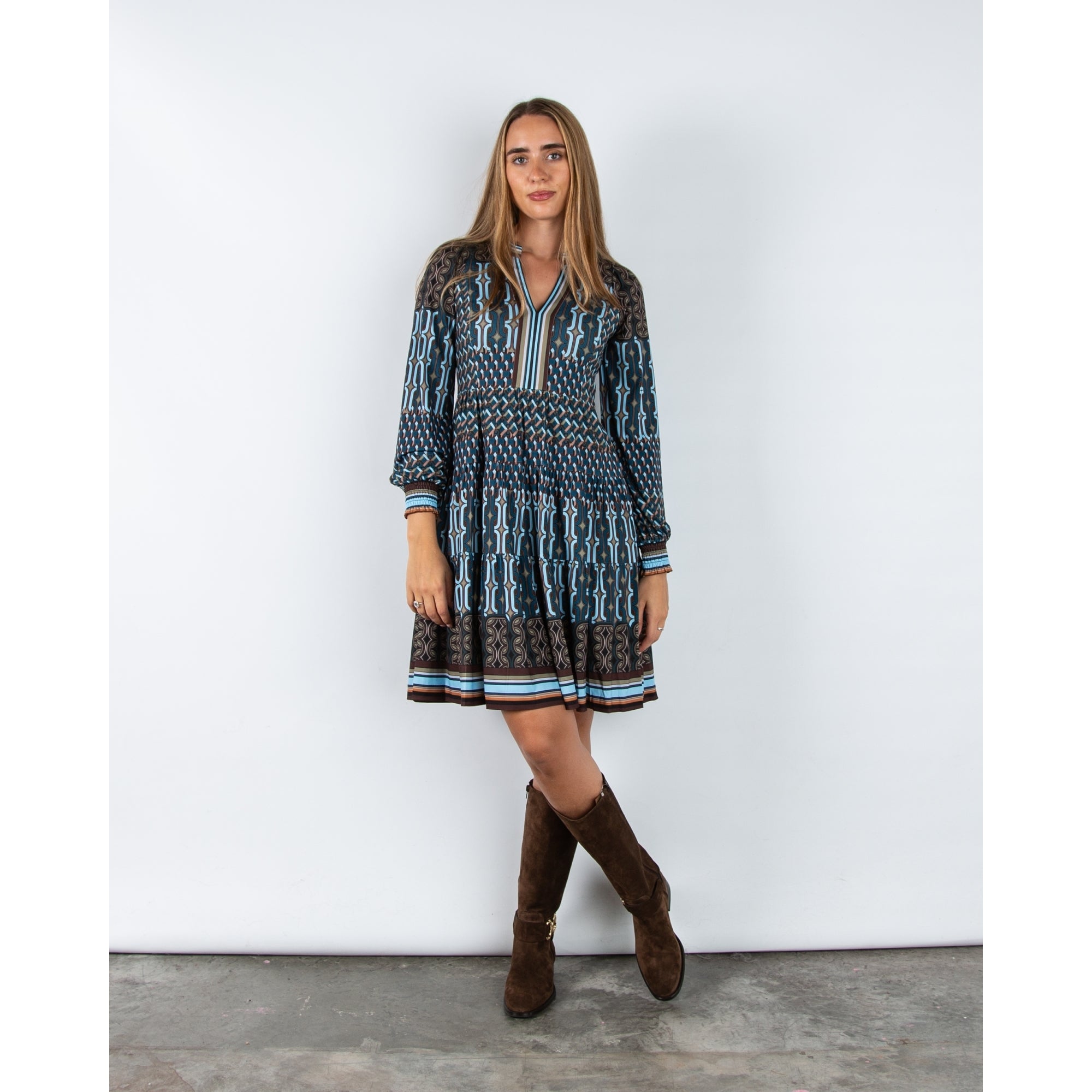 Hale Bob Geometric V Neck Jersey Tiered Dress Teal/brown