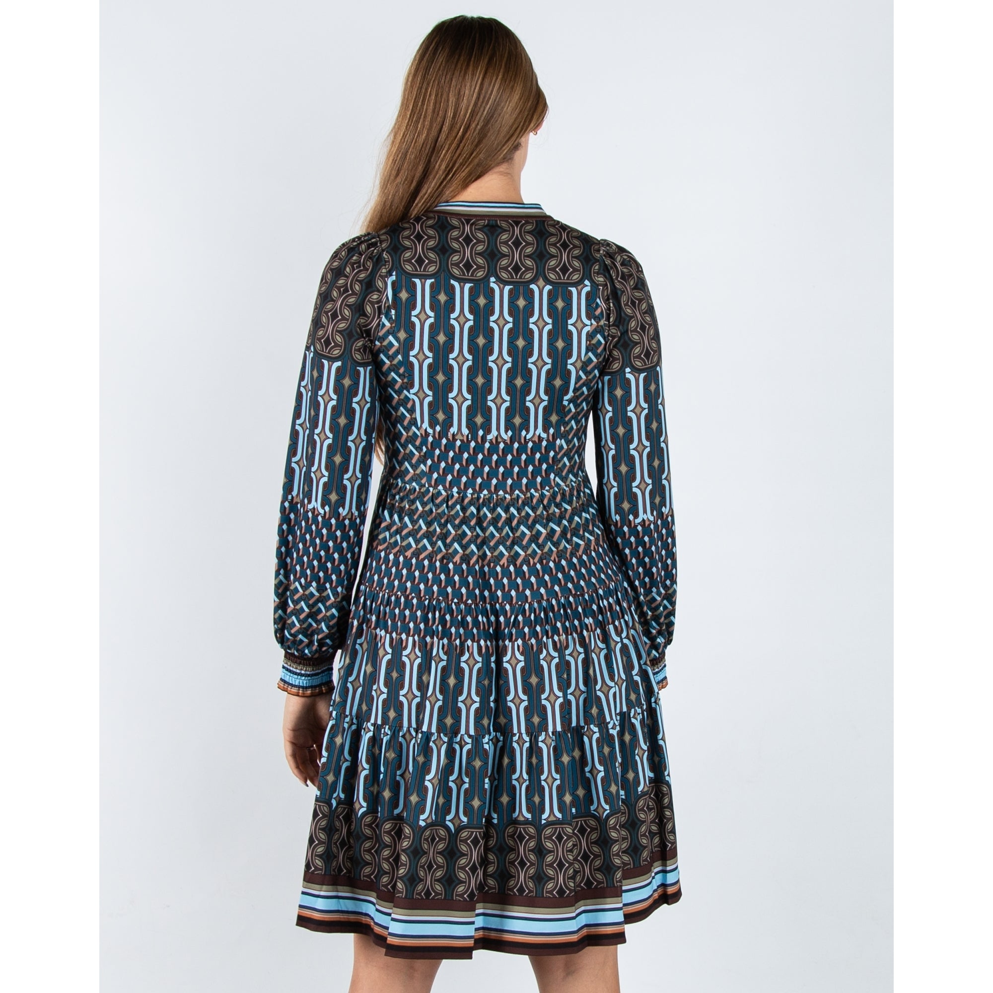 Hale Bob Geometric V Neck Jersey Tiered Dress Teal/brown