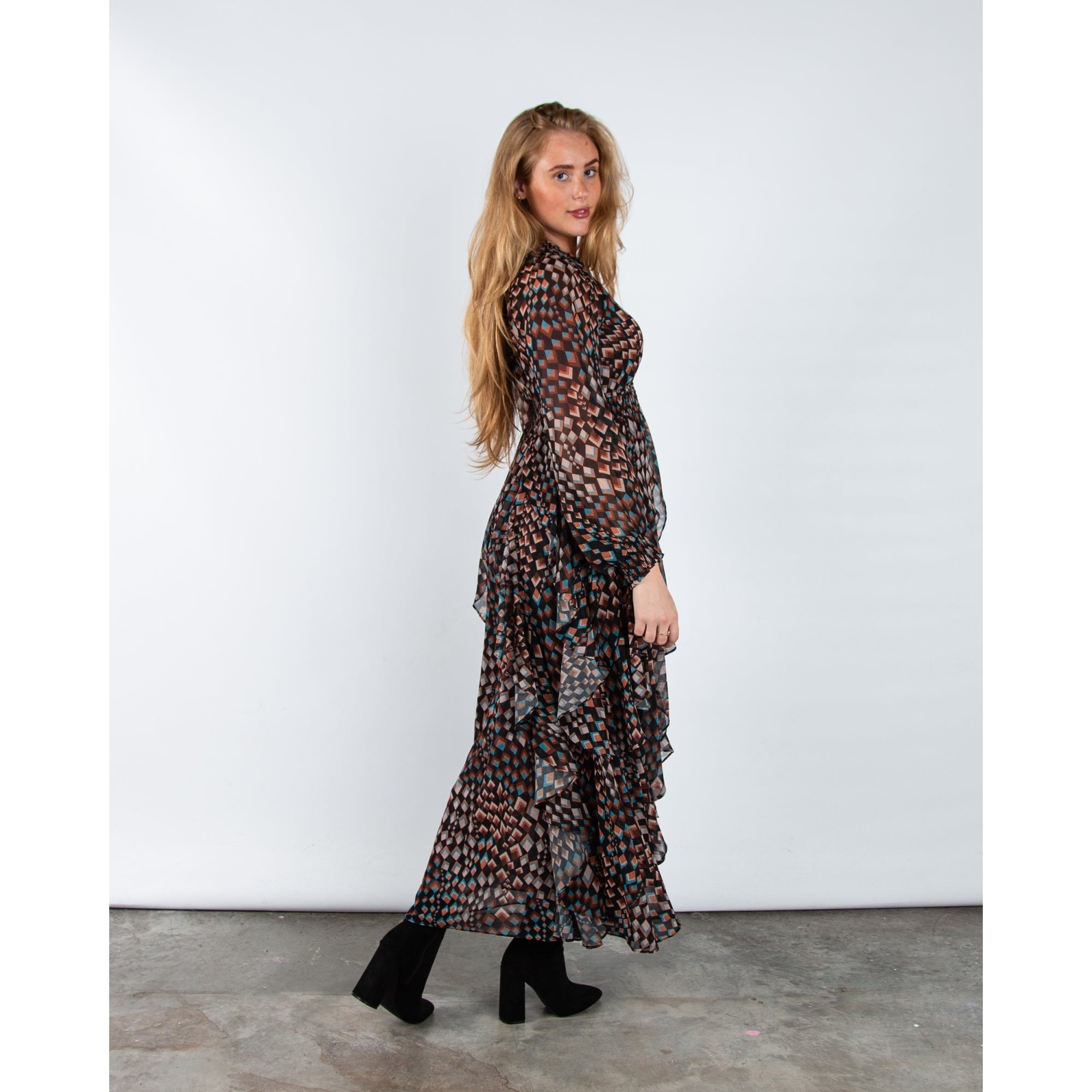 Hale Bob Geometric Elasticated Waist Tiered Maxi Dress Black/brown