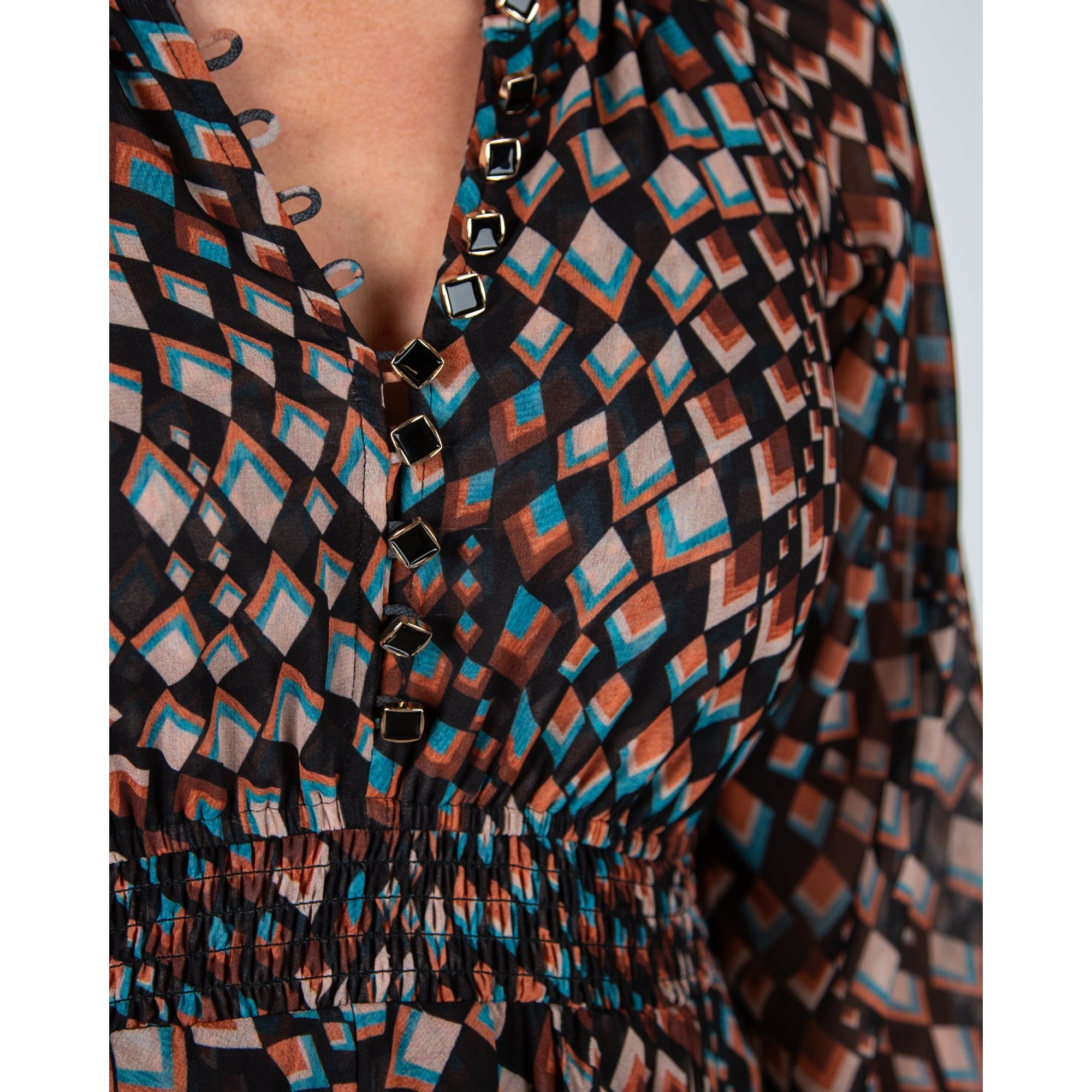 Hale Bob Geometric Elasticated Waist Tiered Maxi Dress Black/brown