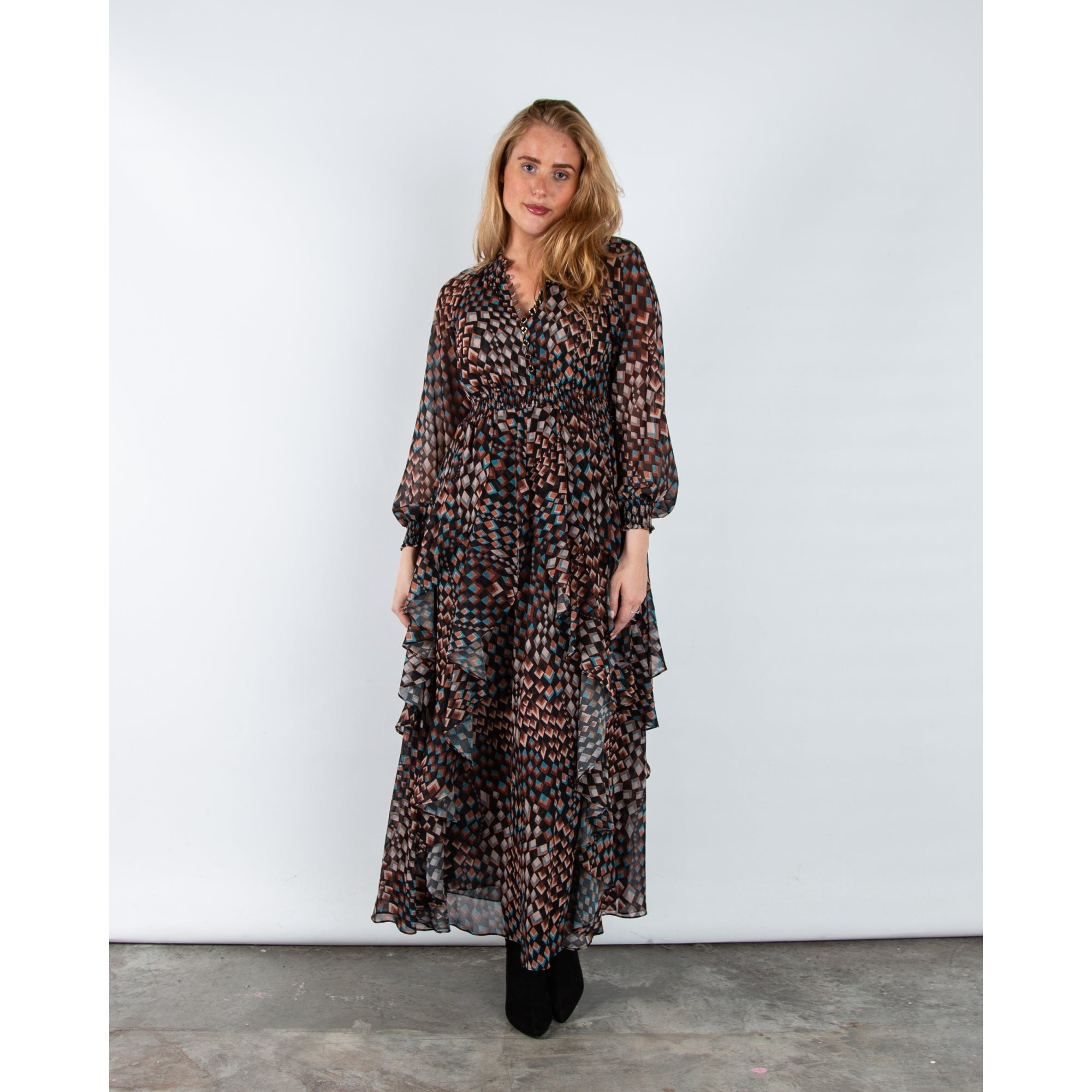 Hale Bob Geometric Elasticated Waist Tiered Maxi Dress Black/brown