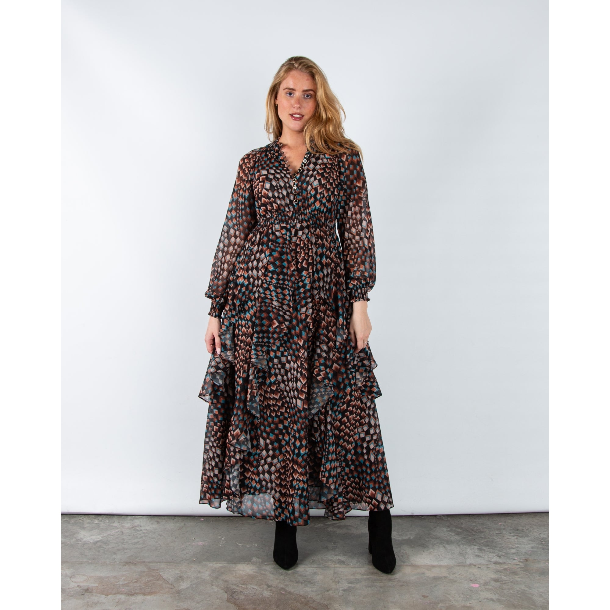 Hale Bob Geometric Elasticated Waist Tiered Maxi Dress Black/brown