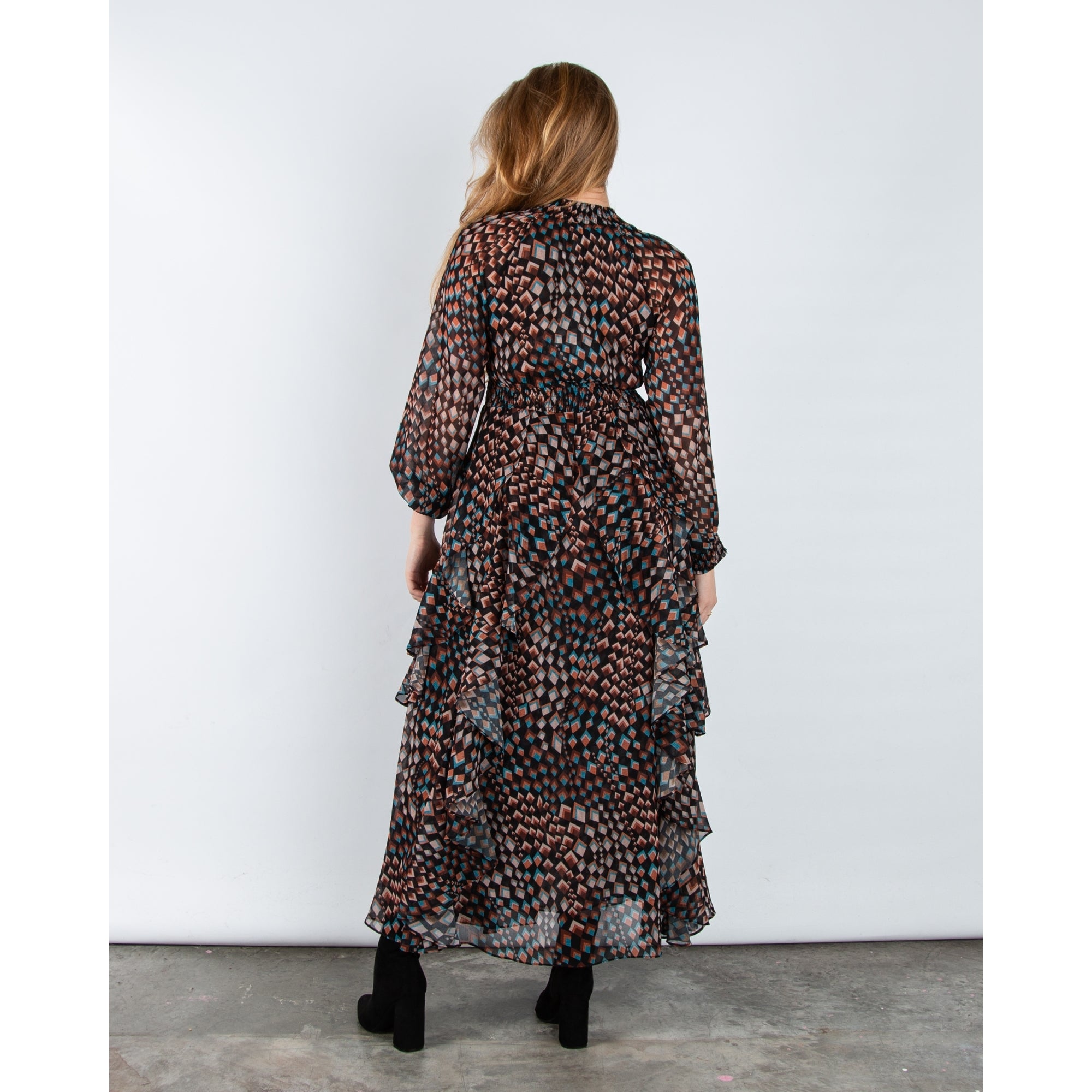 Hale Bob Geometric Elasticated Waist Tiered Maxi Dress Black/brown