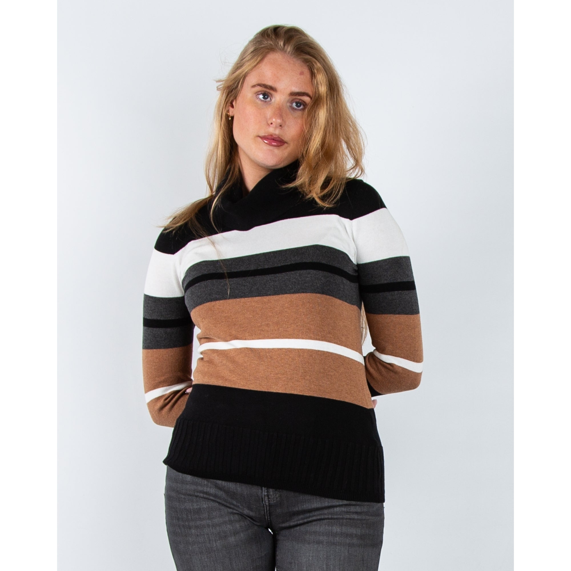 Marble Fashions Fitted Stripe Roll Neck Jumper Black/Camel/White