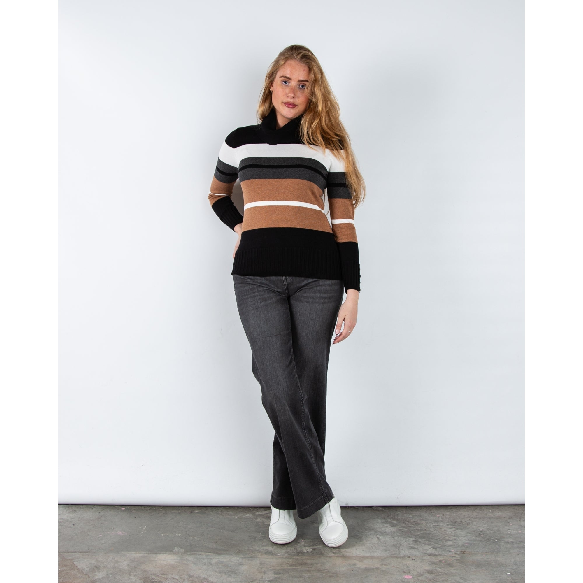 Marble Fashions Fitted Stripe Roll Neck Jumper Black/Camel/White