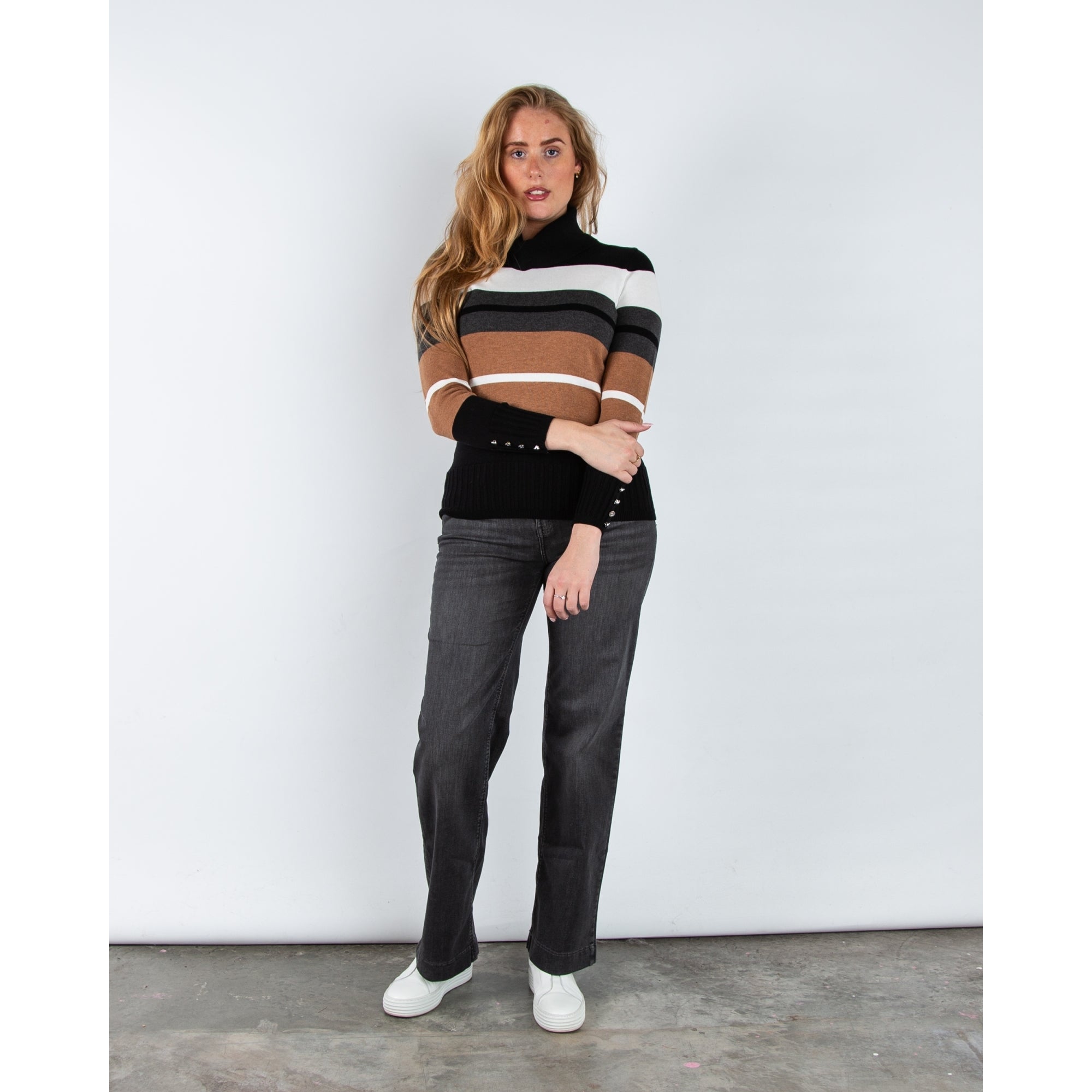 Marble Fashions Fitted Stripe Roll Neck Jumper Black/Camel/White