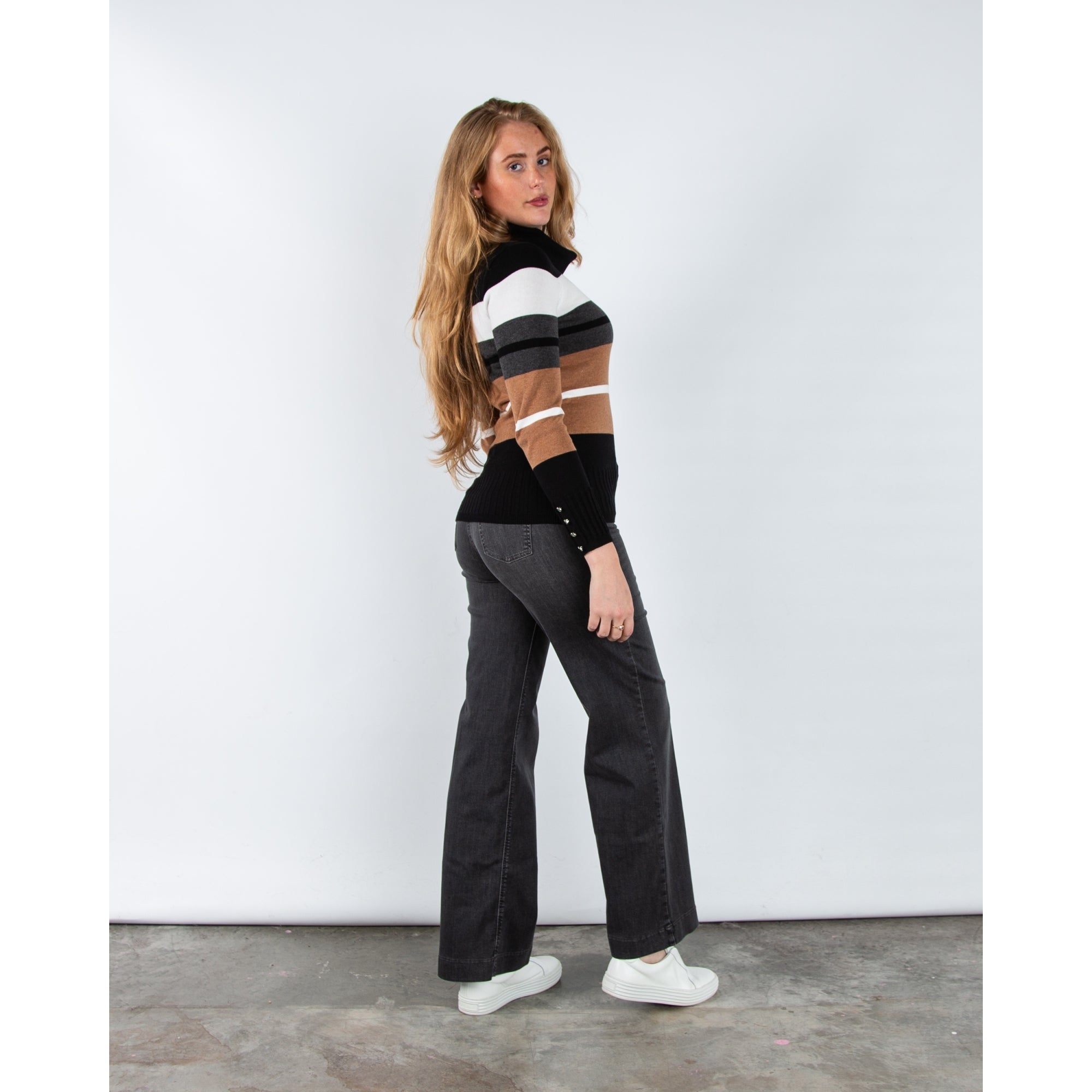 Marble Fashions Fitted Stripe Roll Neck Jumper Black/Camel/White