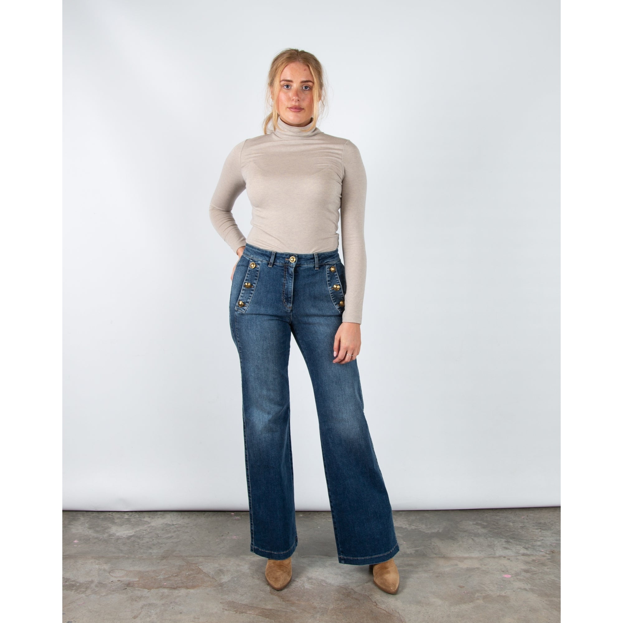 Luisa Cerano Fine Jersey Polo Neck Top Oyster