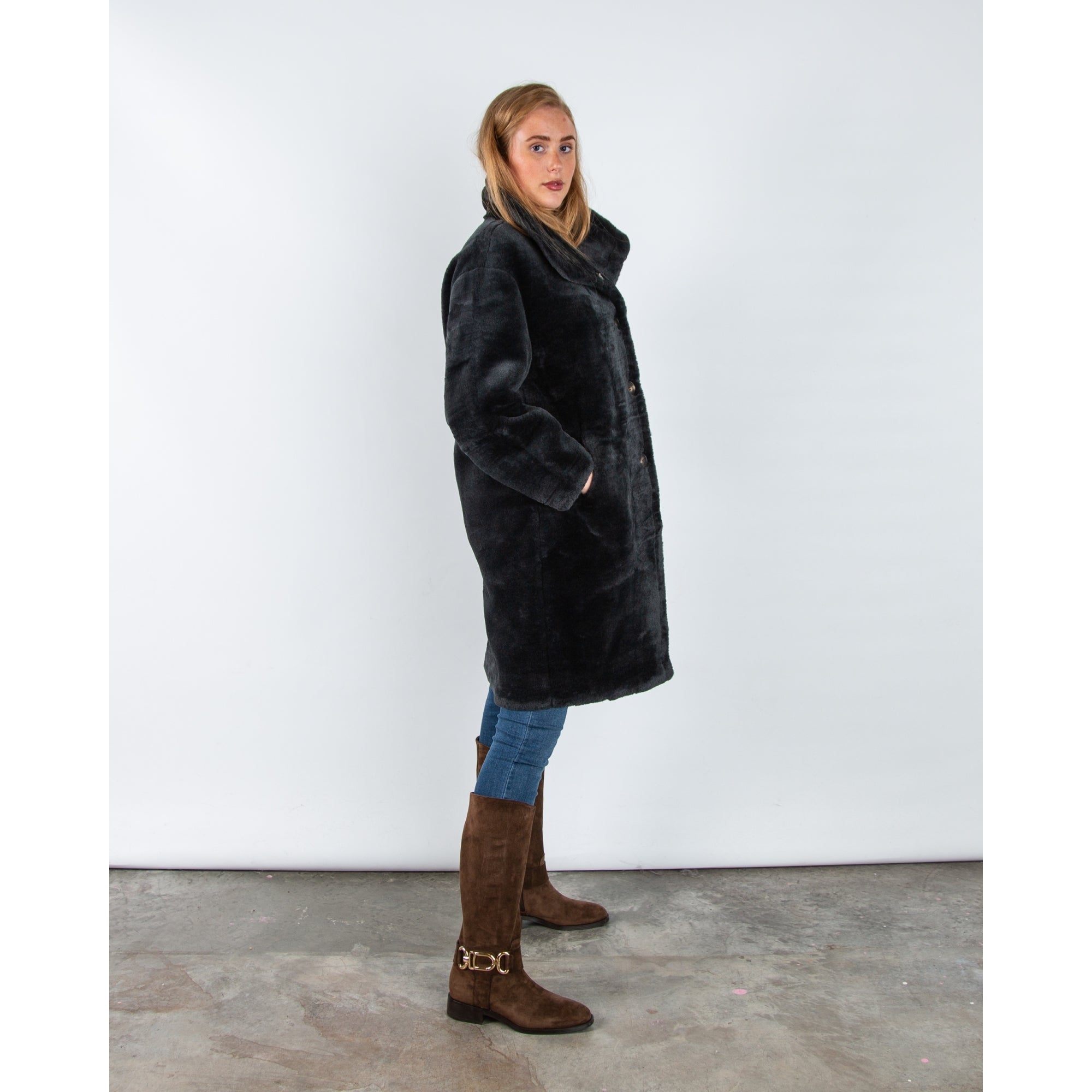 Rino & Pelle Cilou Faux Shearling Coat With High Collar Deep Iron