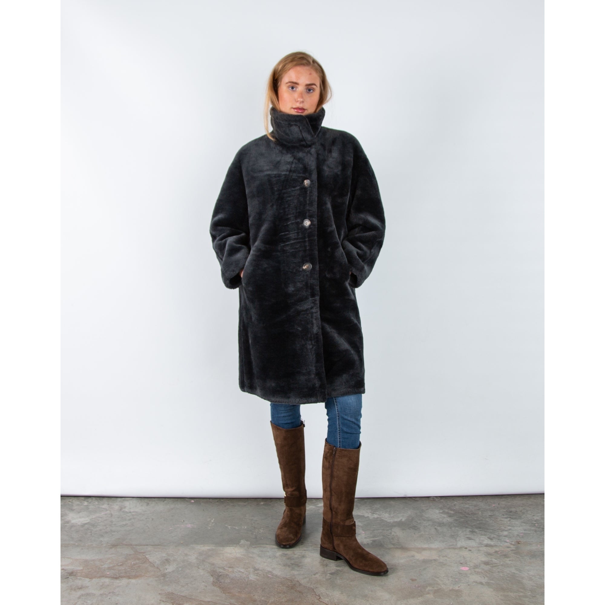 Rino & Pelle Cilou Faux Shearling Coat With High Collar Deep Iron