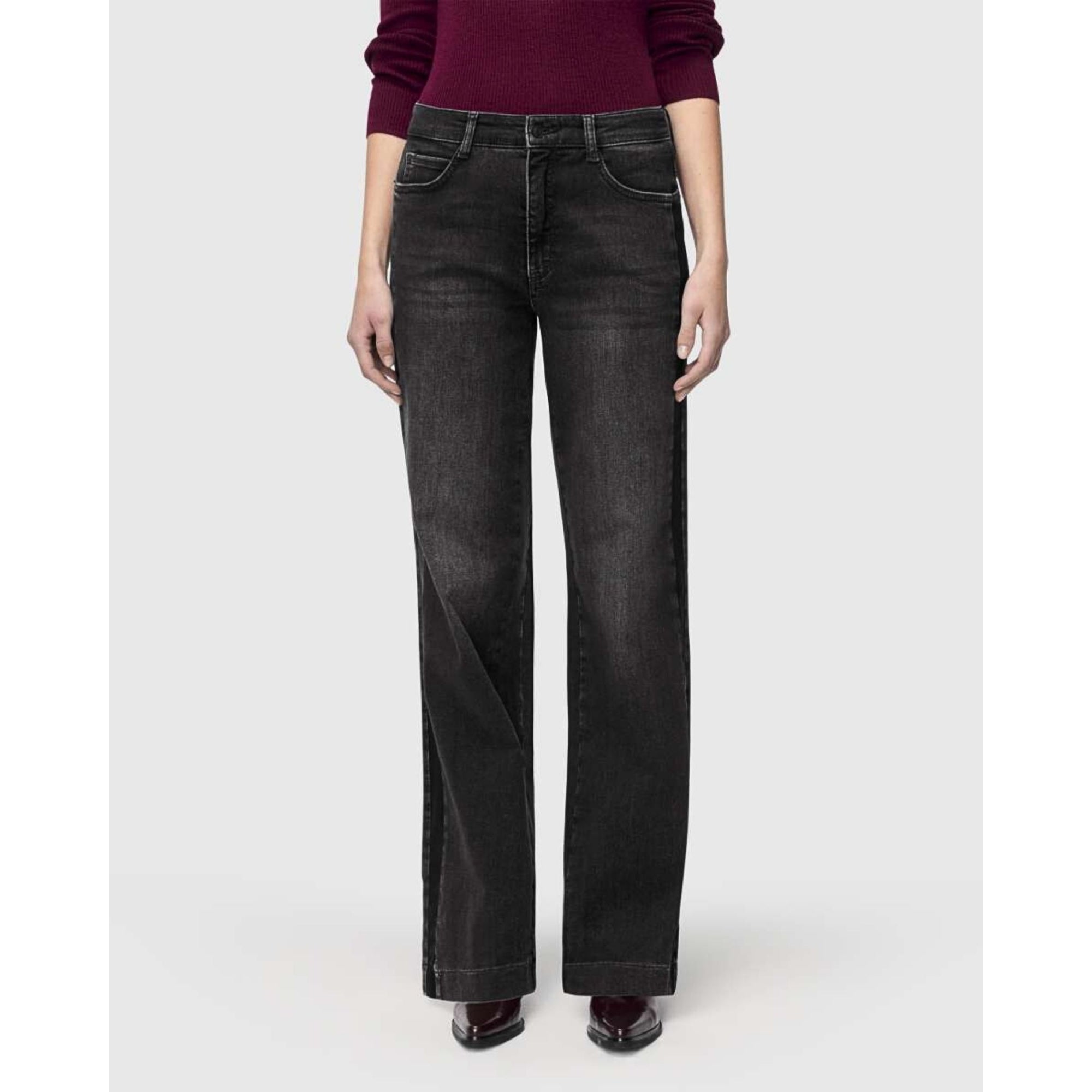 Mac Wide Leg Stretch Denim Jean With Panel Side D963 Charcoal 30L