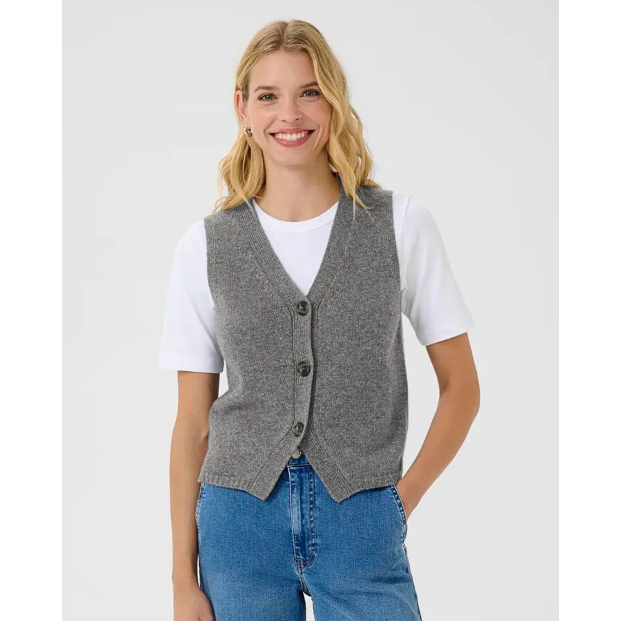 Part Two Sylva V Neck Button Through Knit Vest Grey Melange