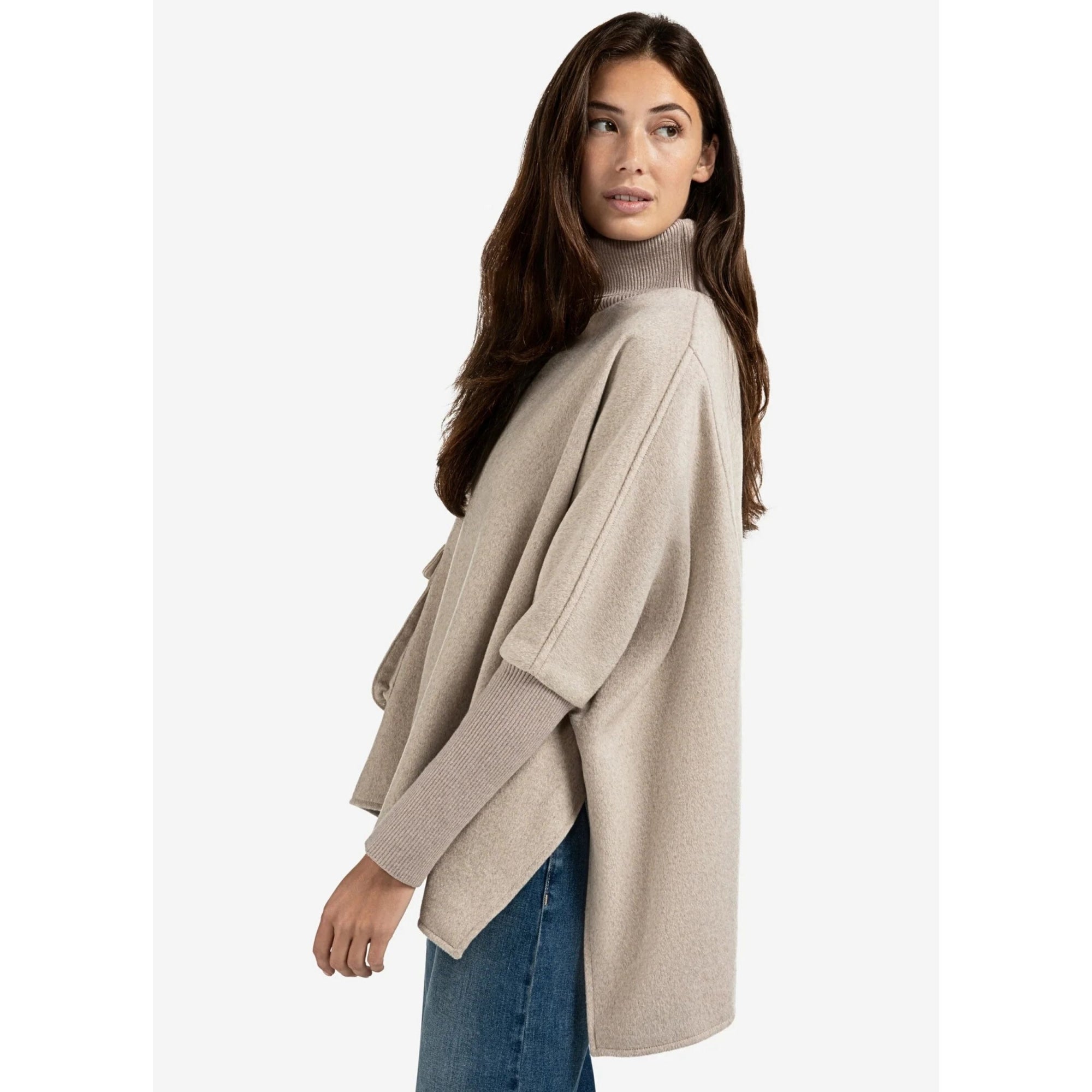 Yaya Wool Blend Poncho With Ribbed Knit Sleeve Sand Melange