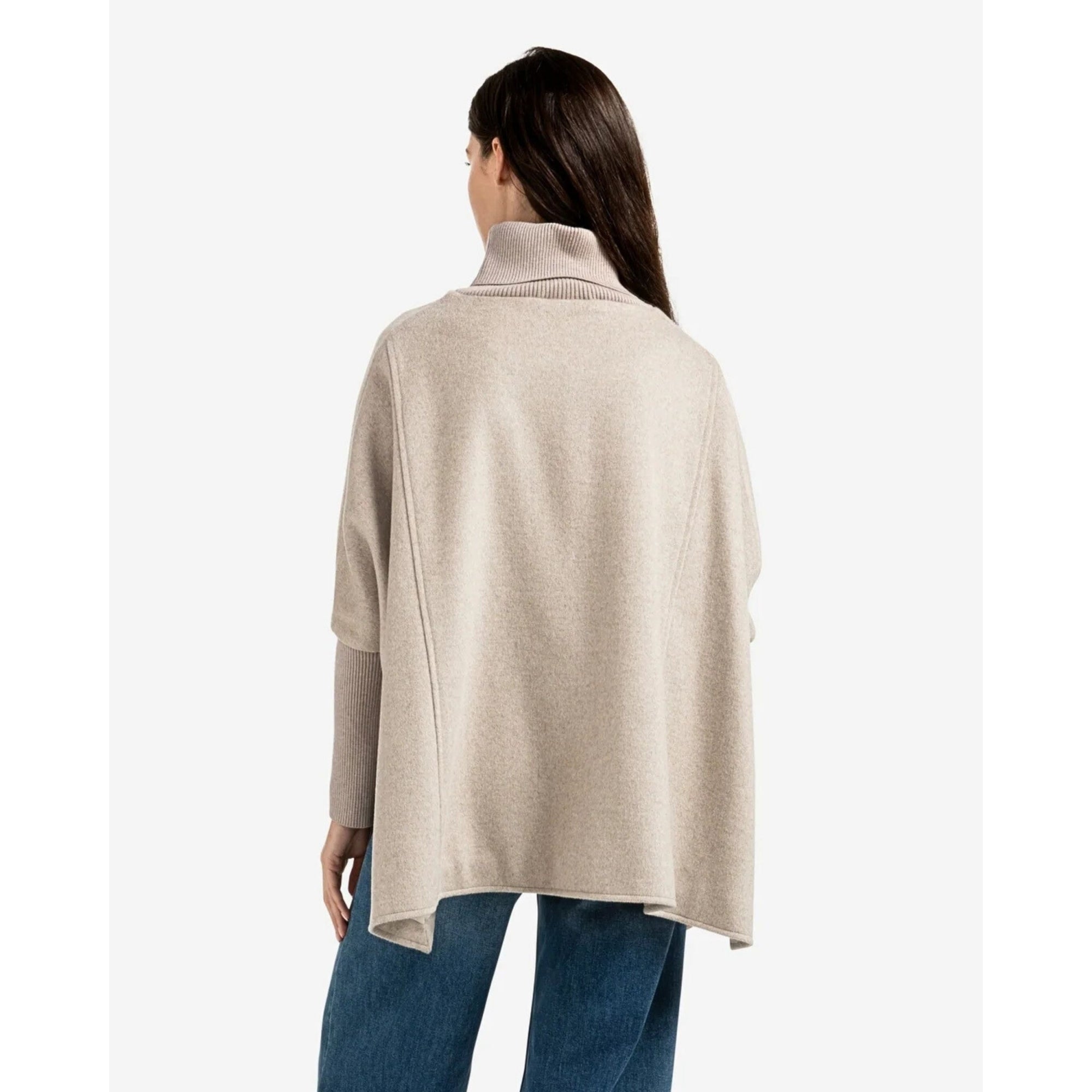 Yaya Wool Blend Poncho With Ribbed Knit Sleeve Sand Melange