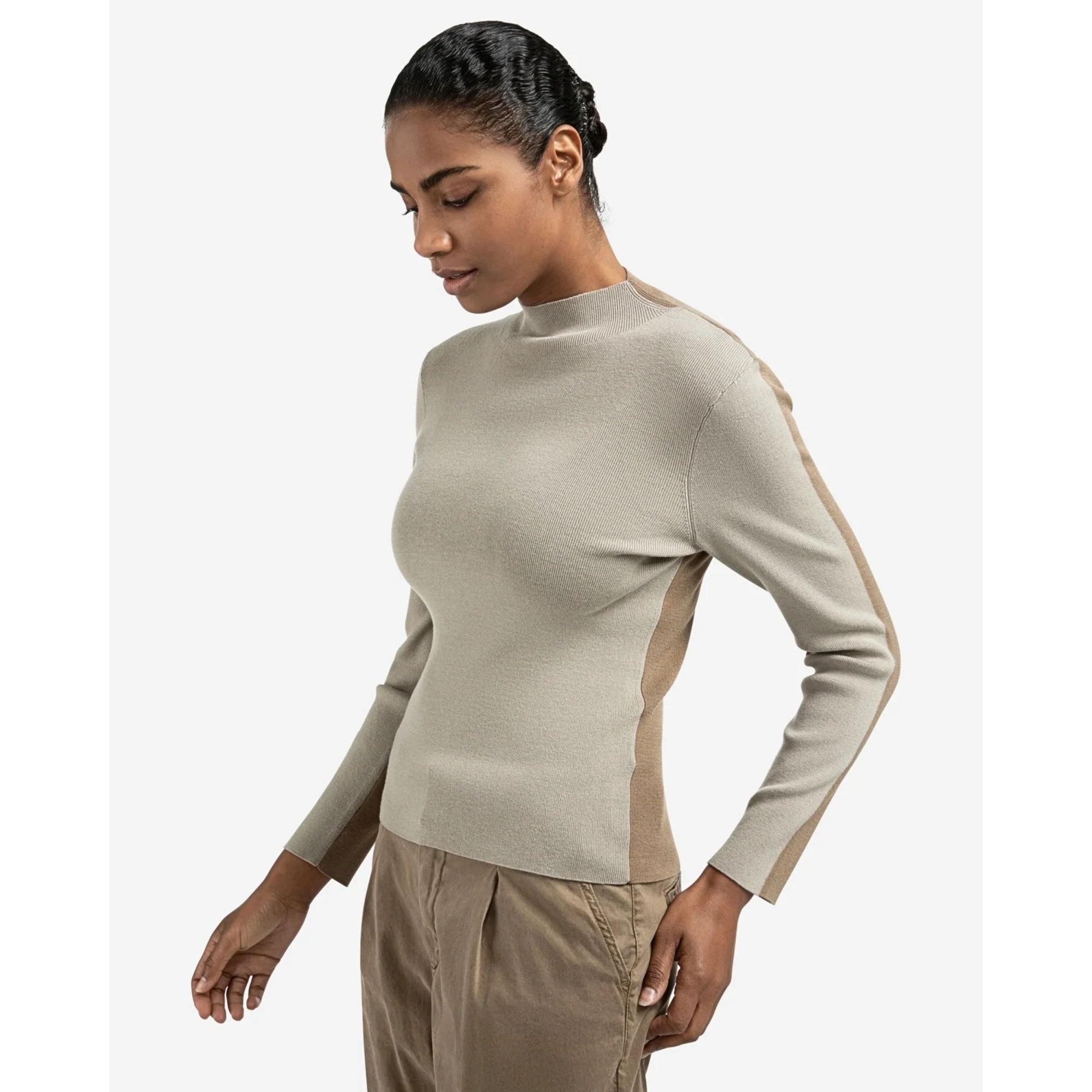 Yaya High Neck Two Tone Knit Top Taupe/olive