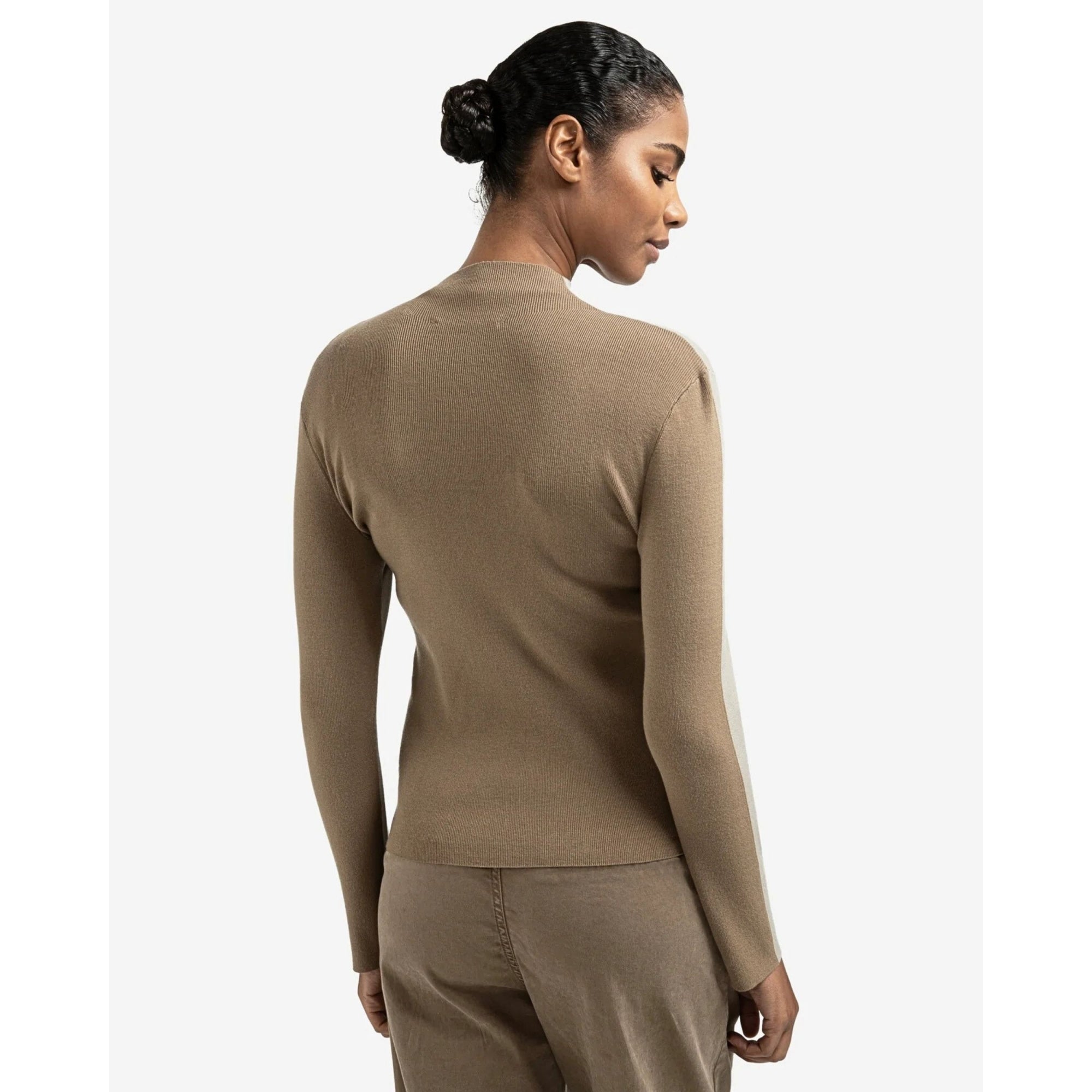 Yaya High Neck Two Tone Knit Top Taupe/olive