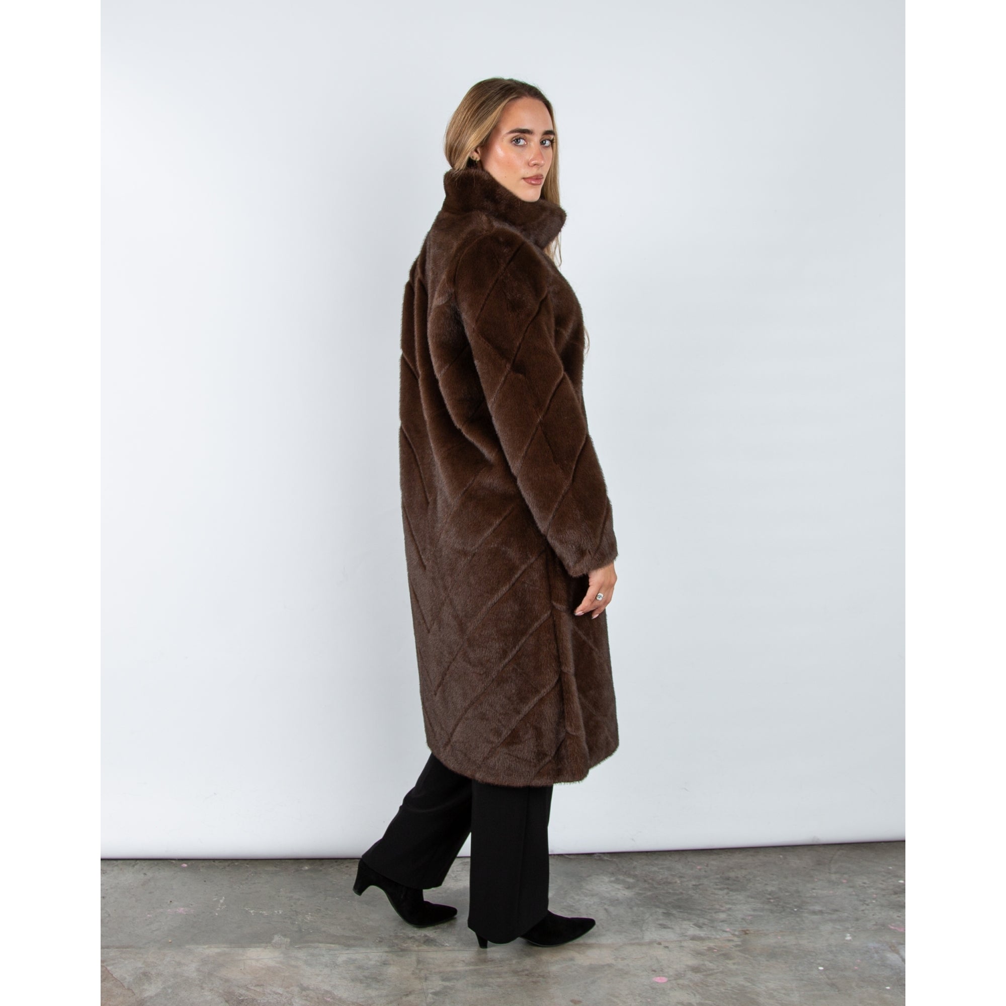 Giovanni Madone Chevron Long Faux Fur Coat Marron