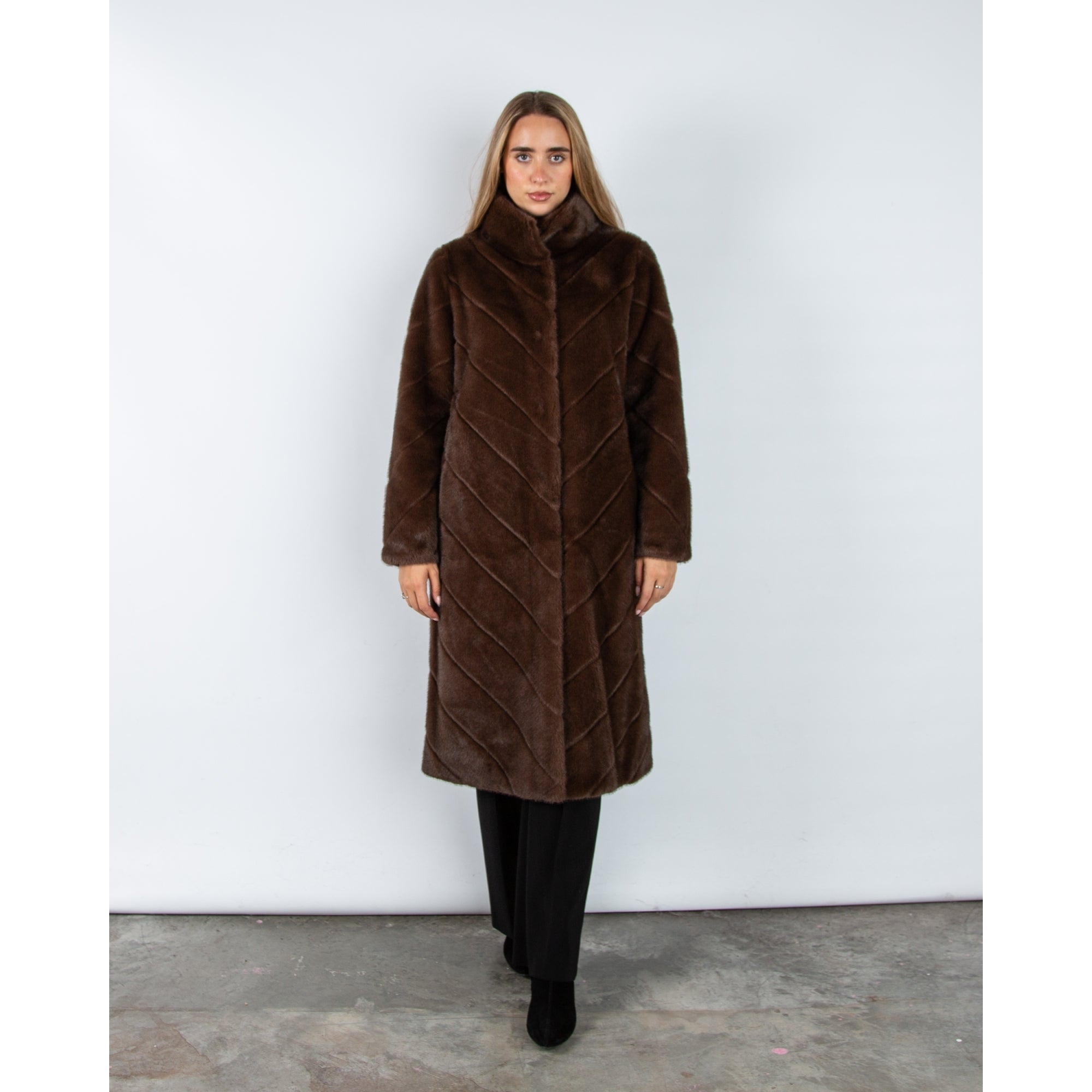 Giovanni Madone Chevron Long Faux Fur Coat Marron
