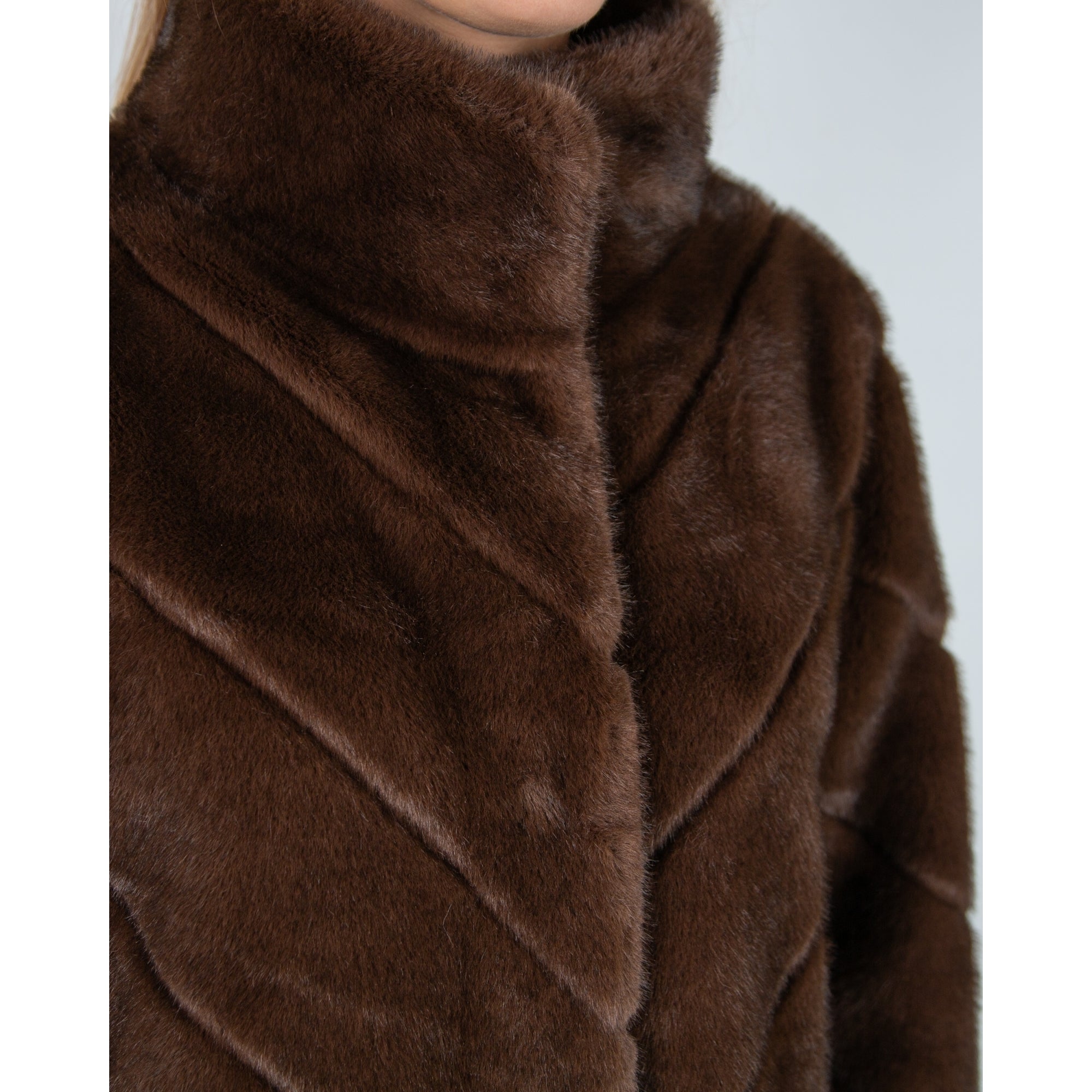 Giovanni Madone Chevron Long Faux Fur Coat Marron