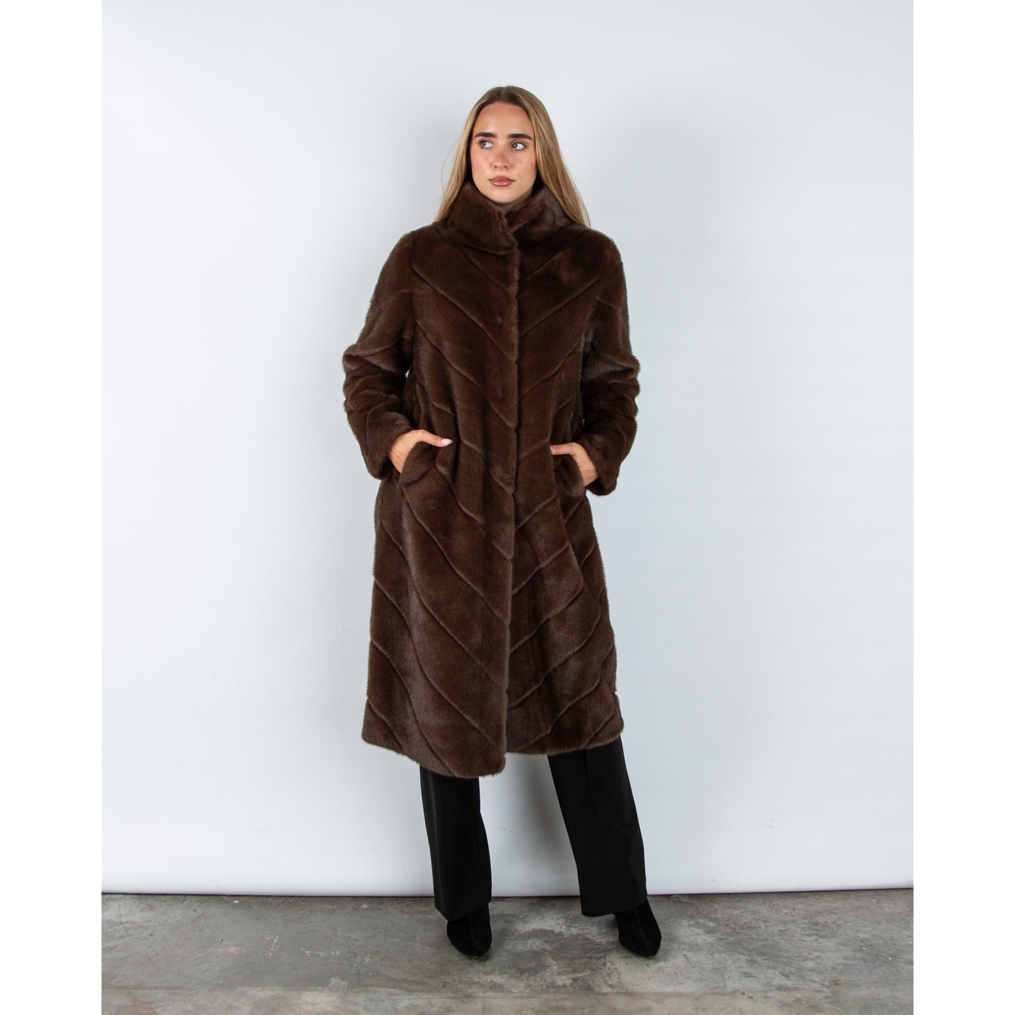 Giovanni Madone Chevron Long Faux Fur Coat Marron