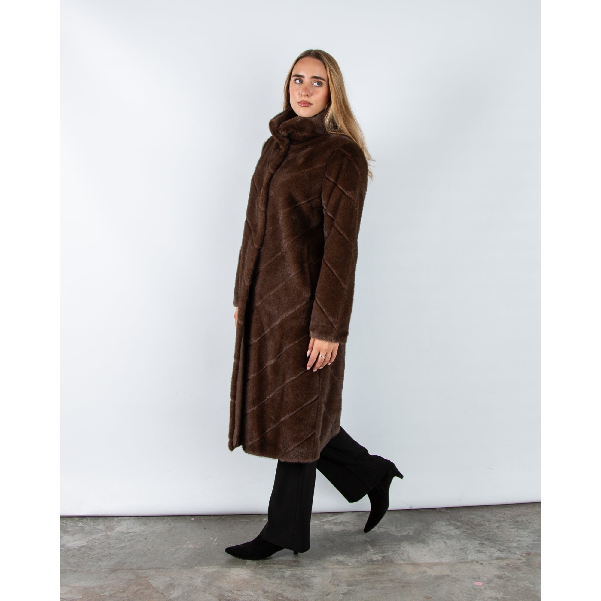 Giovanni Madone Chevron Long Faux Fur Coat Marron