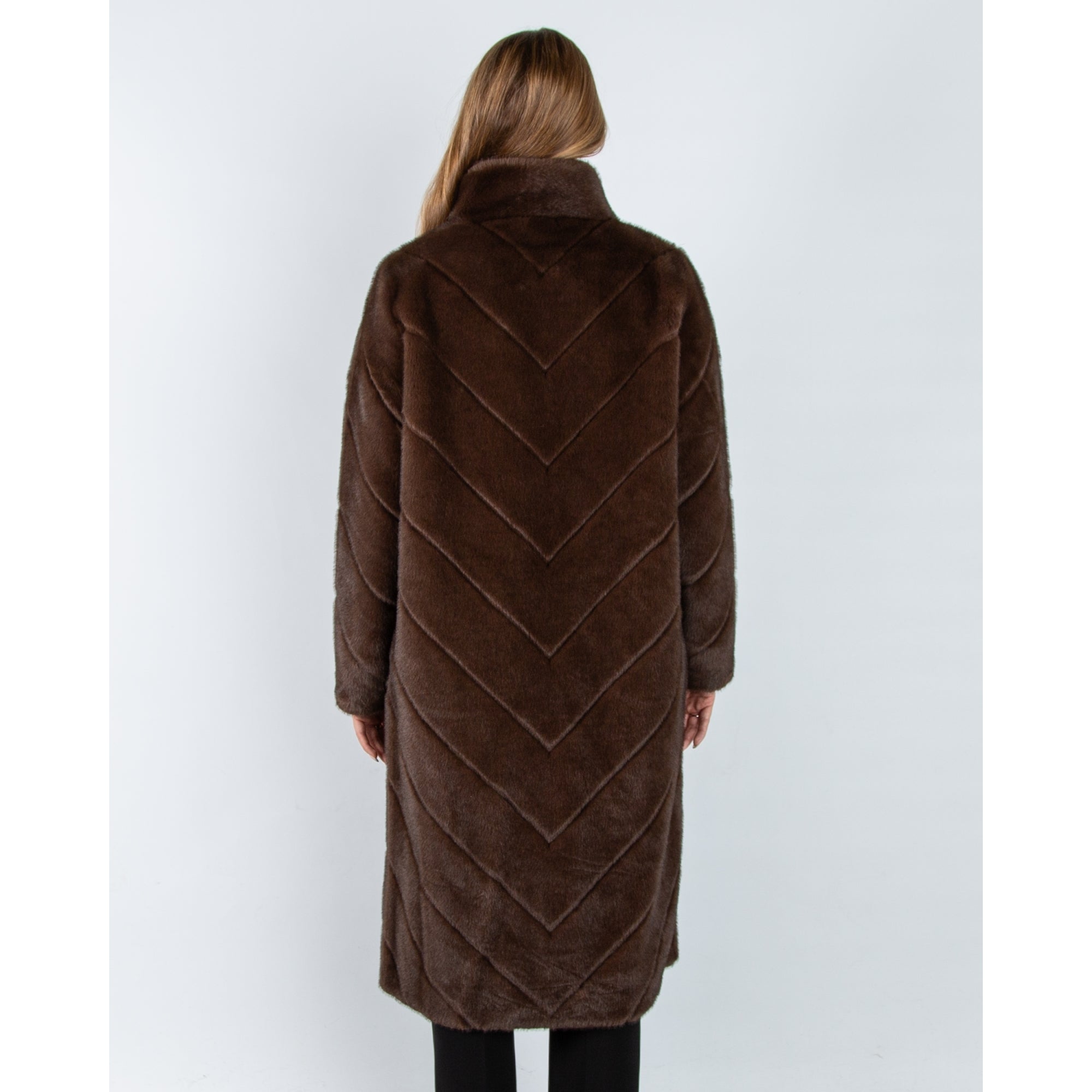 Giovanni Madone Chevron Long Faux Fur Coat Marron