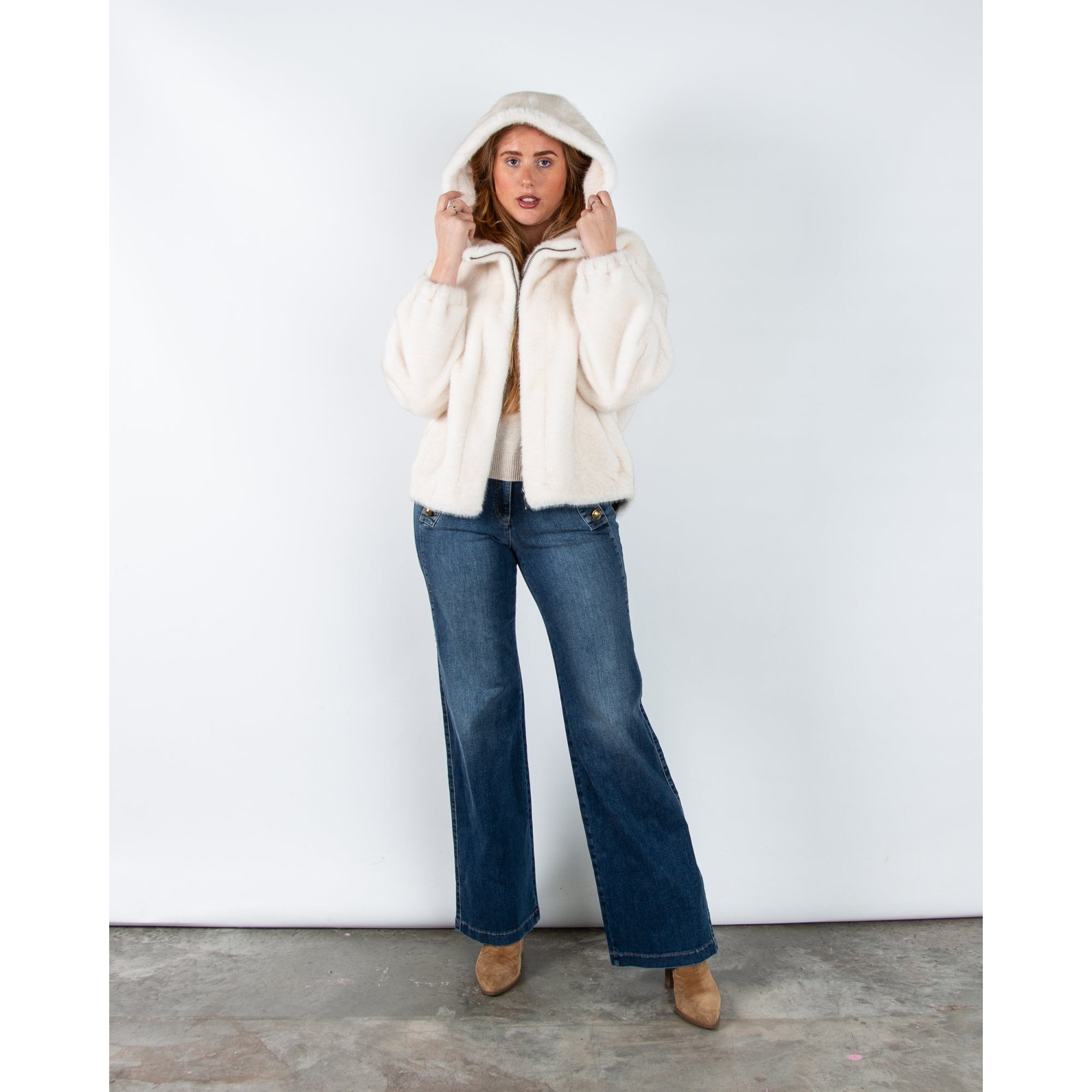 Giovanni Lima Faux Fur Hooded Jacket Ecru