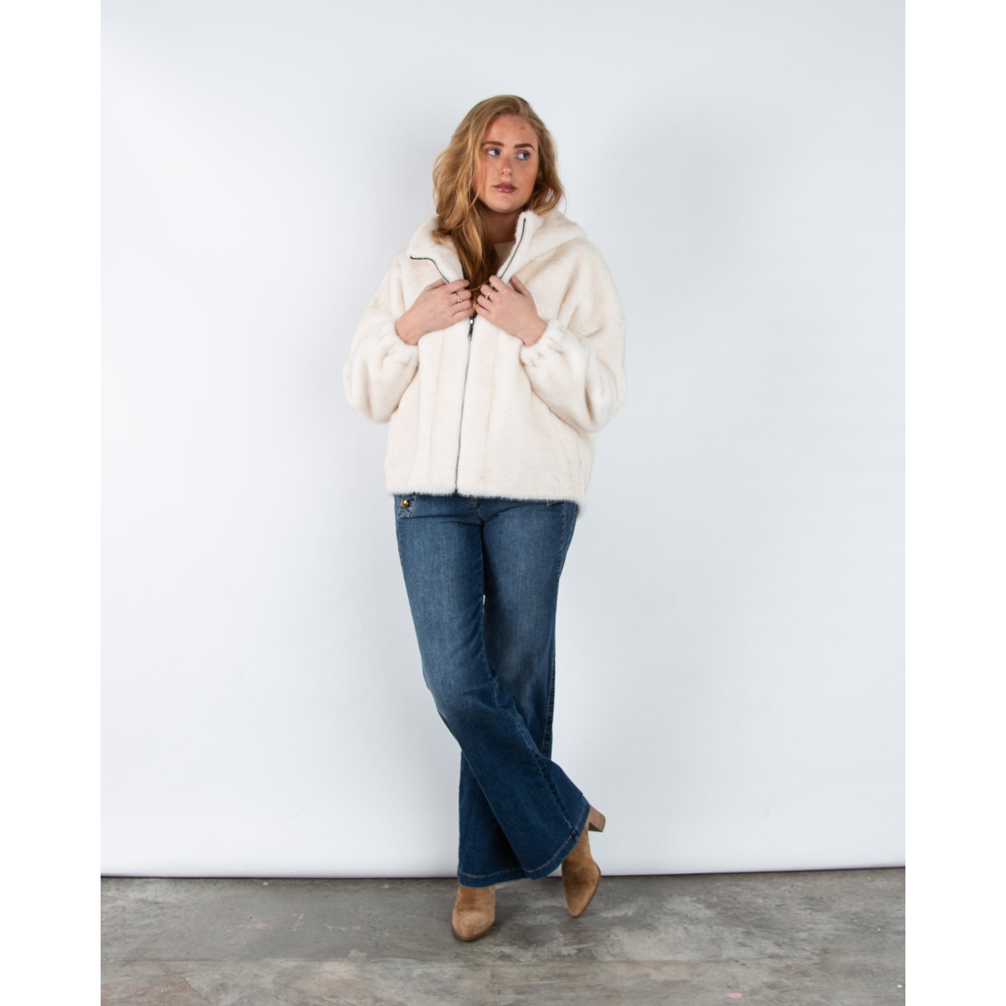 Giovanni Lima Faux Fur Hooded Jacket Ecru