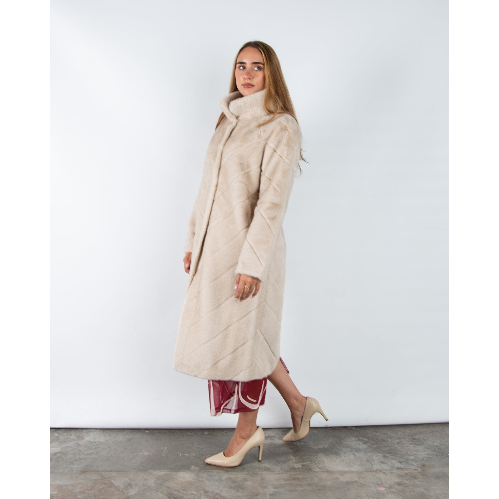Giovanni Madone Chevron Long Faux Fur Coat Beige