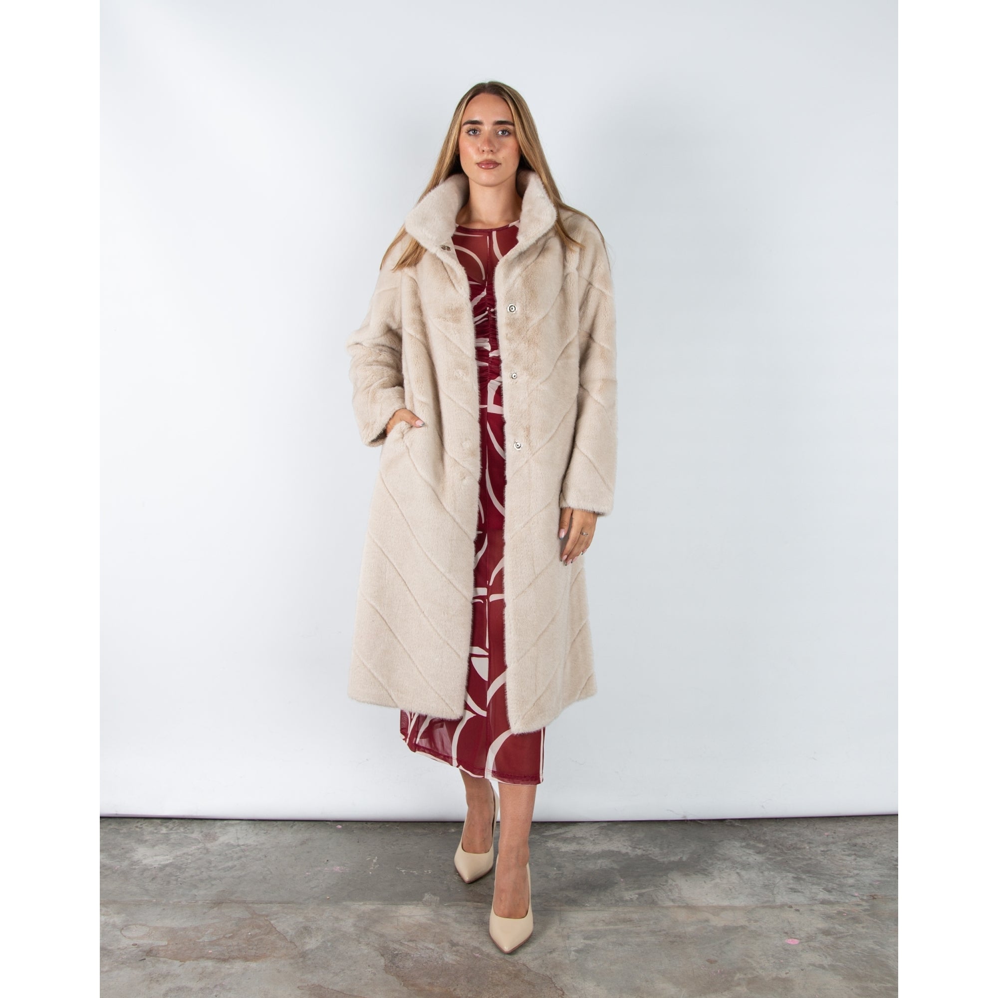 Giovanni Madone Chevron Long Faux Fur Coat Beige