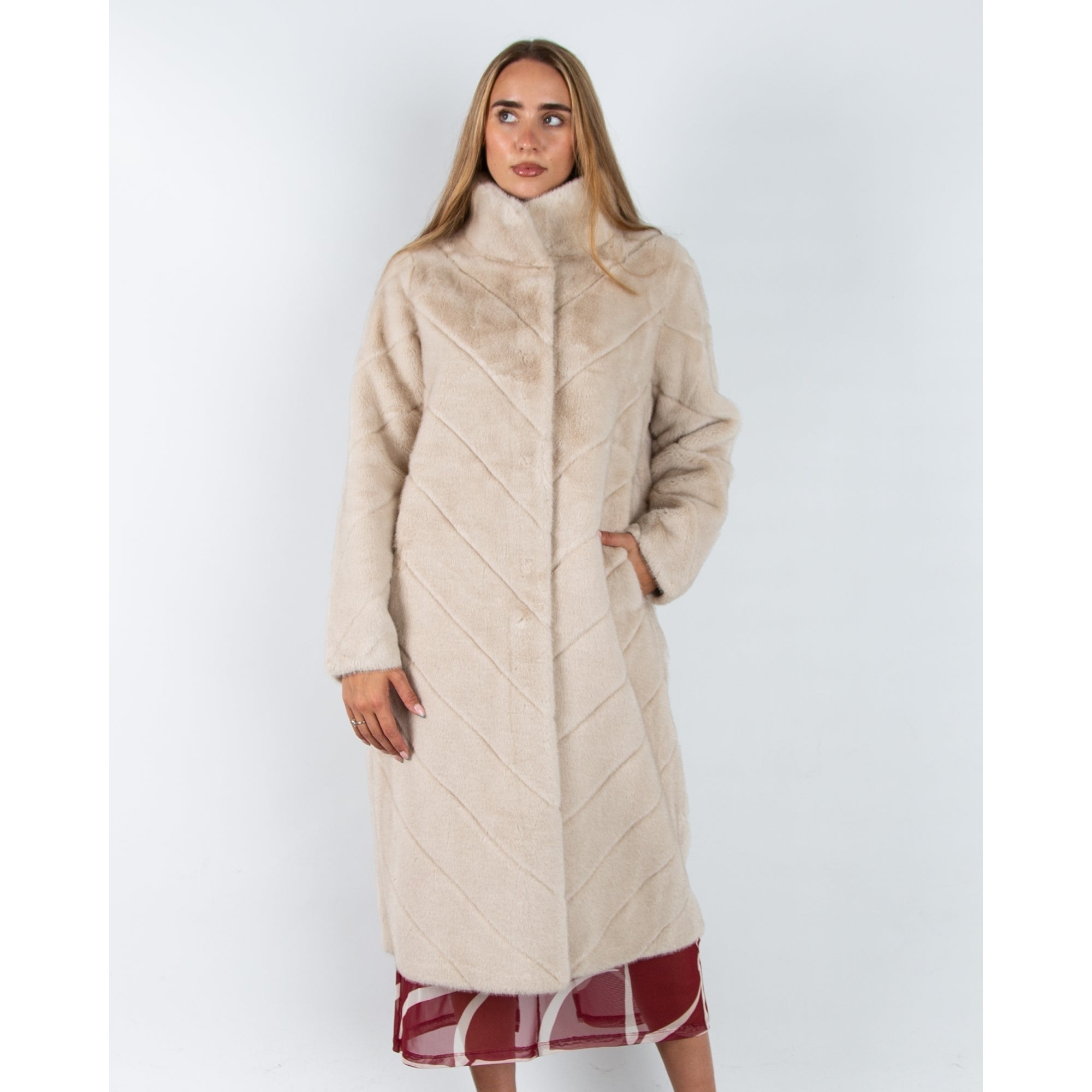 Giovanni Madone Chevron Long Faux Fur Coat Beige