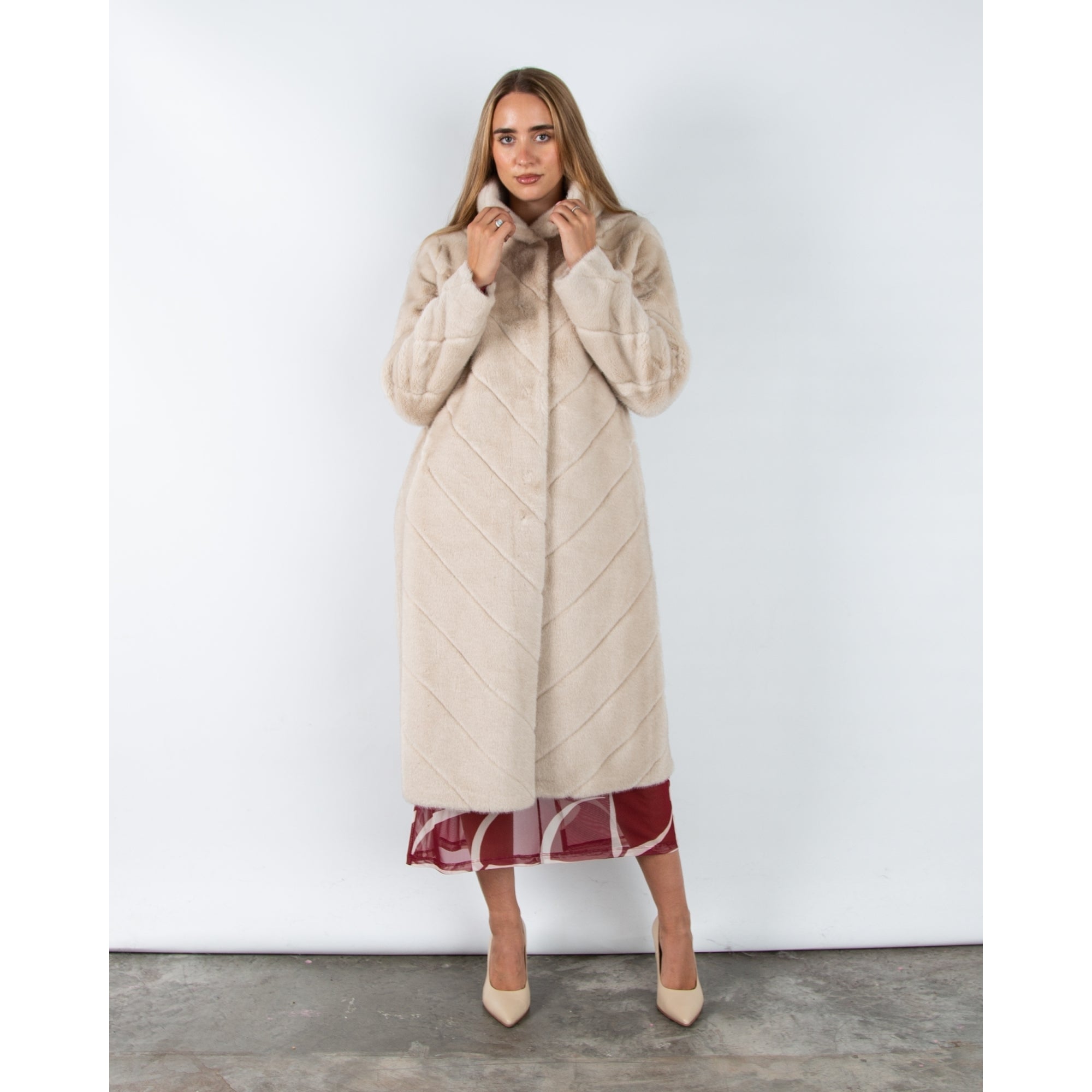 Giovanni Madone Chevron Long Faux Fur Coat Beige