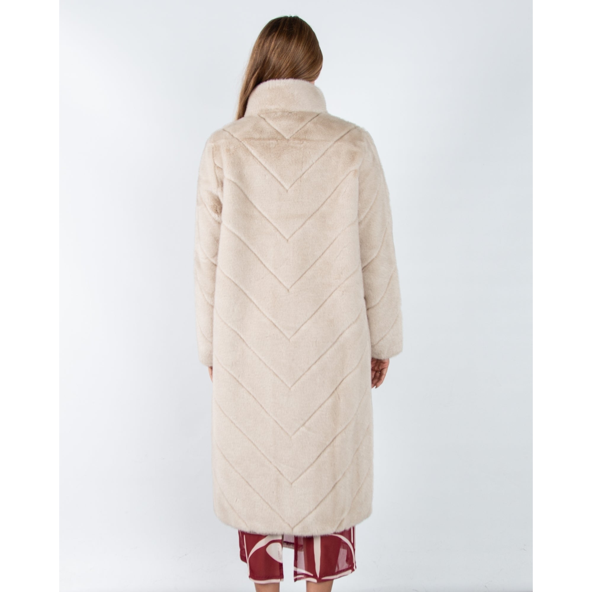 Giovanni Madone Chevron Long Faux Fur Coat Beige