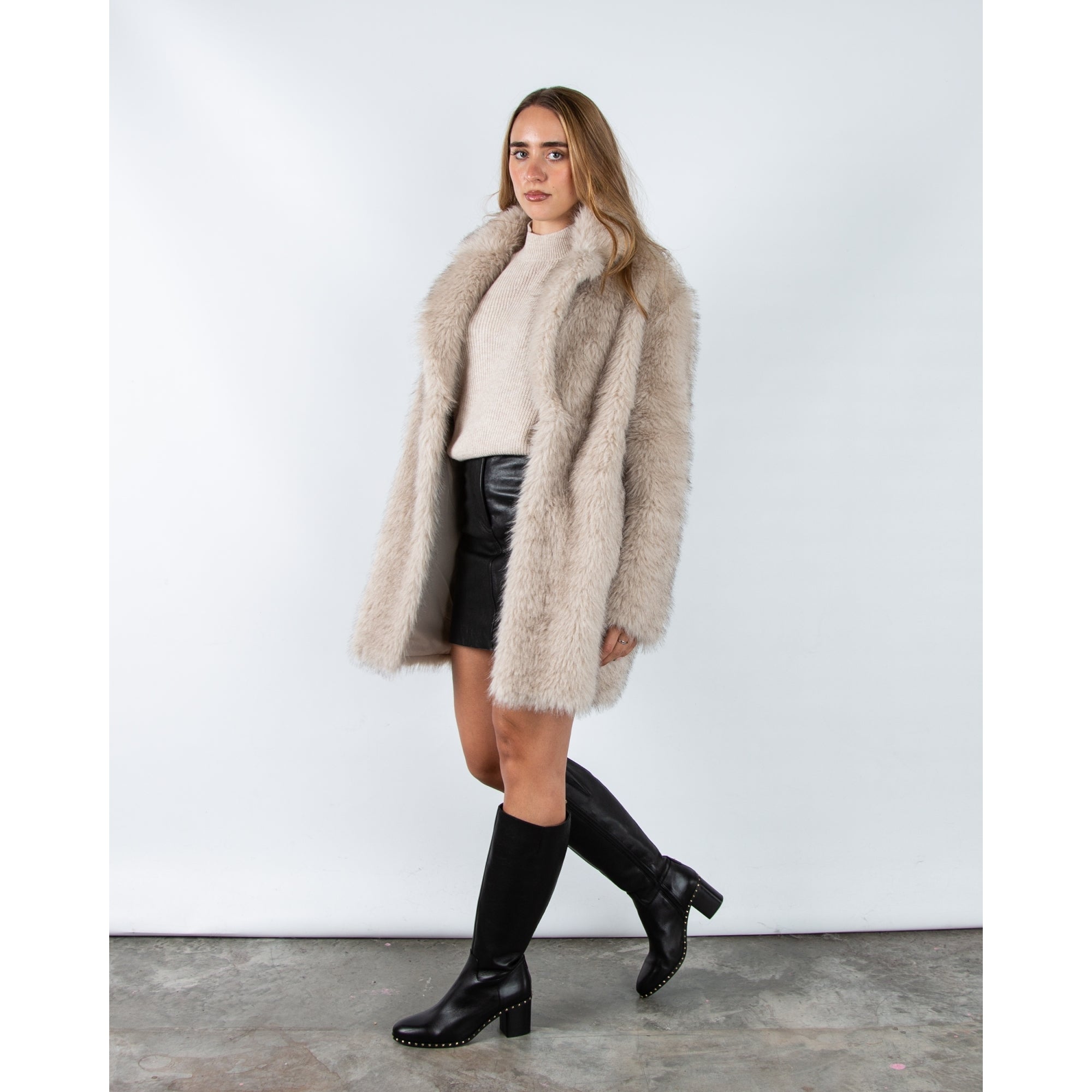 Giovanni Anastasia Faux Fur Mid Length Coat With Lapel Beige