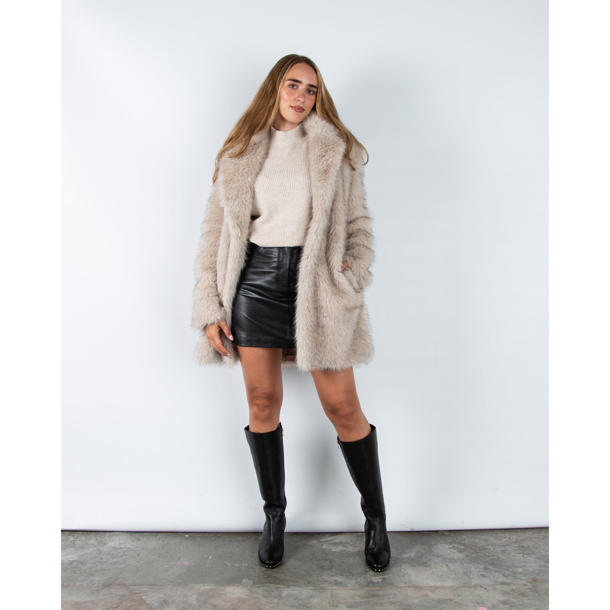 Giovanni Anastasia Faux Fur Mid Length Coat With Lapel Beige
