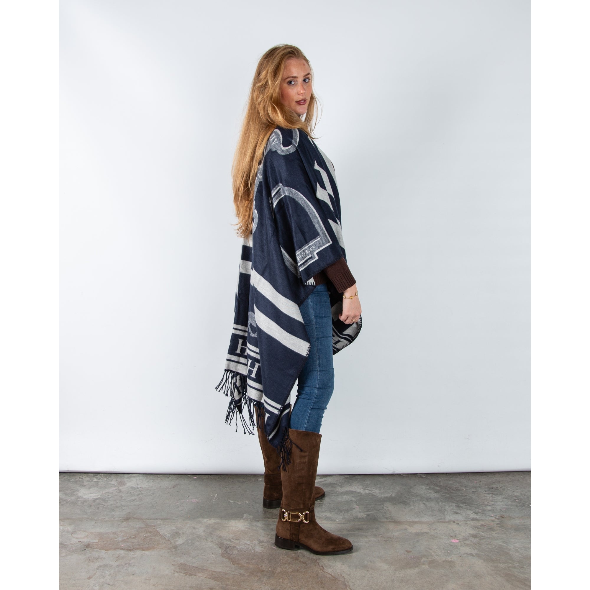 Hv Society Shelly Equestrian Print Shawl With Tassels Navy