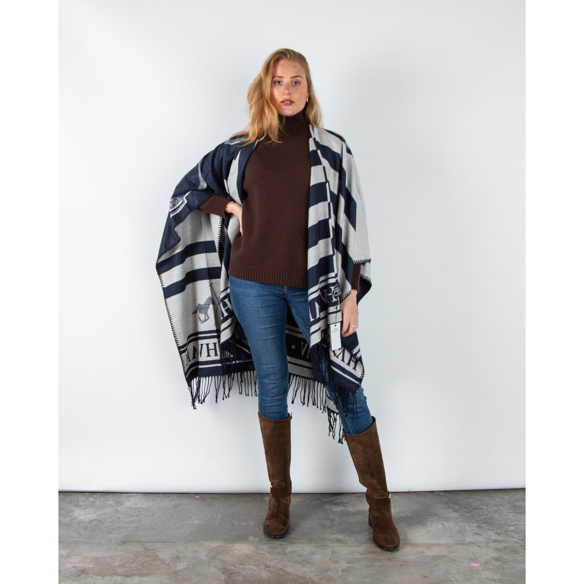 Hv Society Shelly Equestrian Print Shawl With Tassels Navy