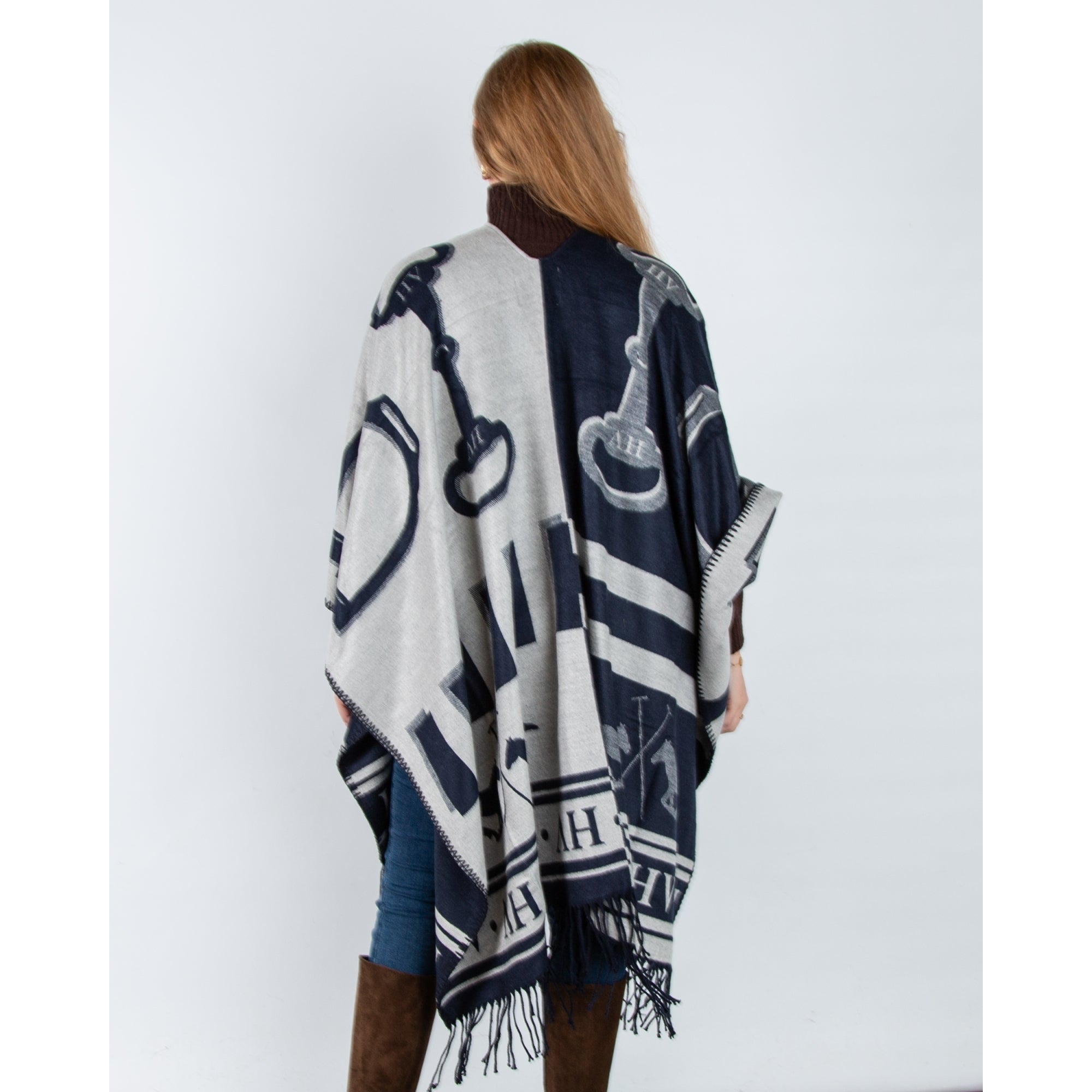 Hv Society Shelly Equestrian Print Shawl With Tassels Navy