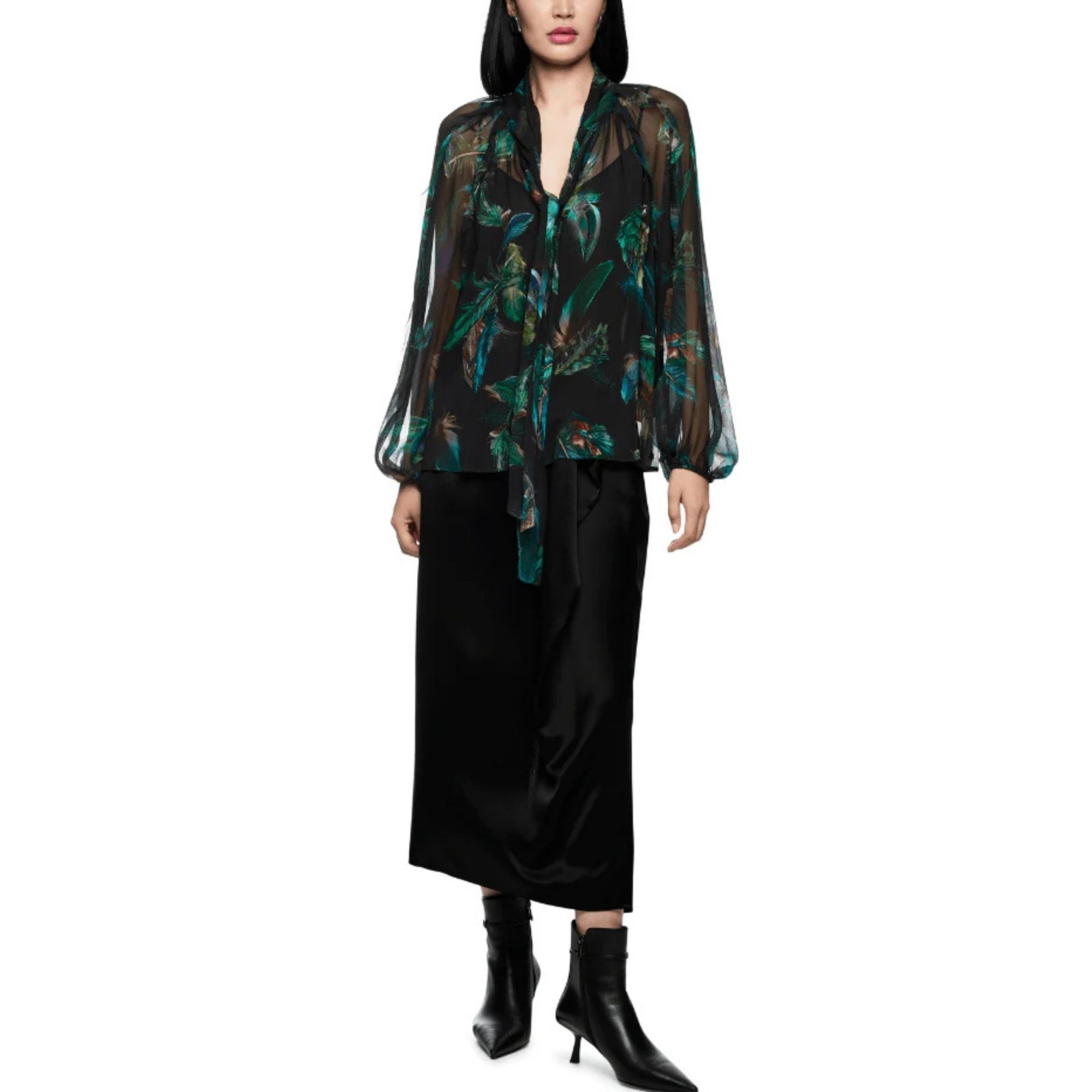 Marc Cain Feather Print Tie Neck Chiffon Blouse Black/emerald
