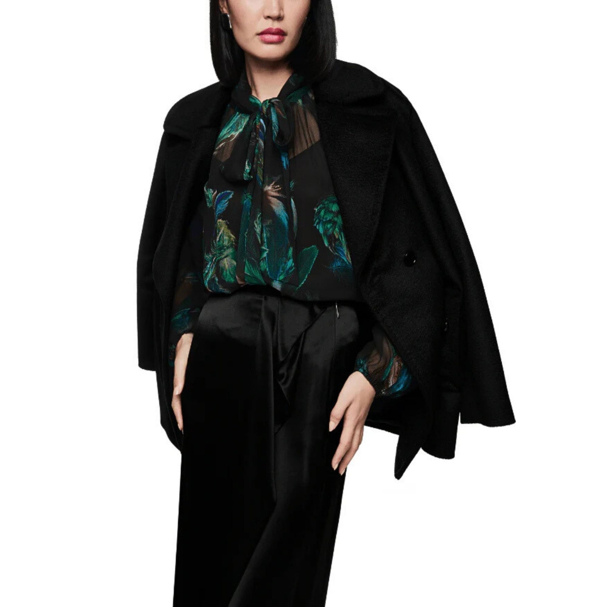 Marc Cain Feather Print Tie Neck Chiffon Blouse Black/emerald