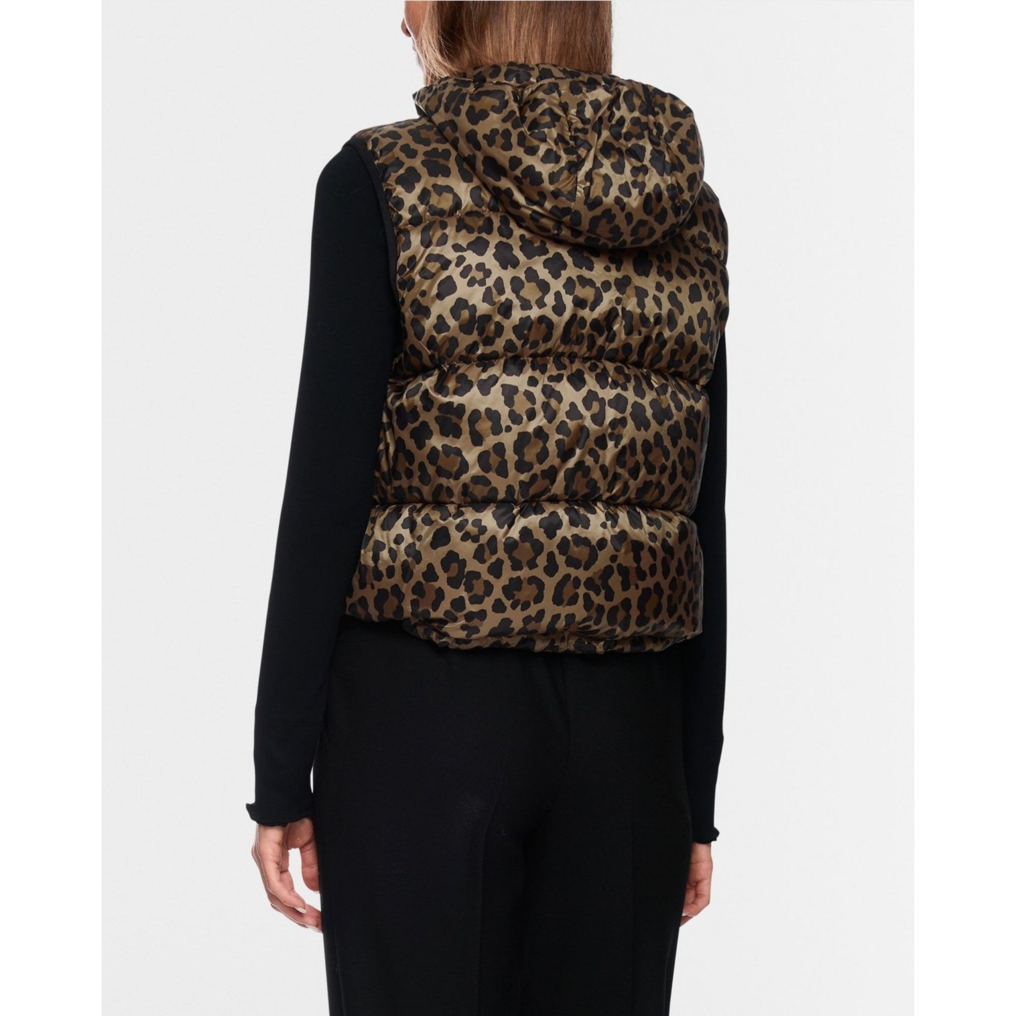 Marc Cain Rethink Together Dodgy Dogs Short Leopard Print Puffa Gilet Gold