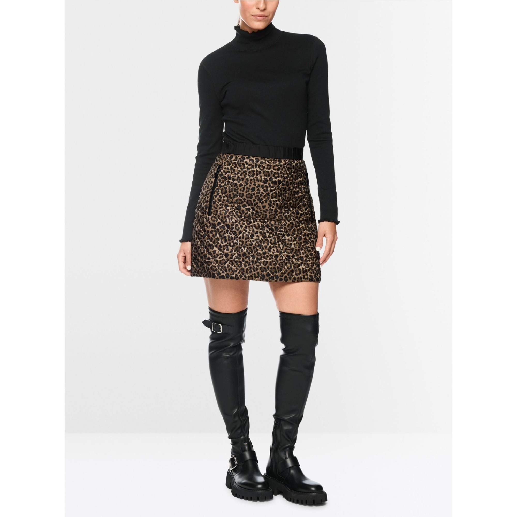 Marc Cain Dodgy Dogs Fitted Cotton Rib Polo Neck Top With Ruffle Trim Black