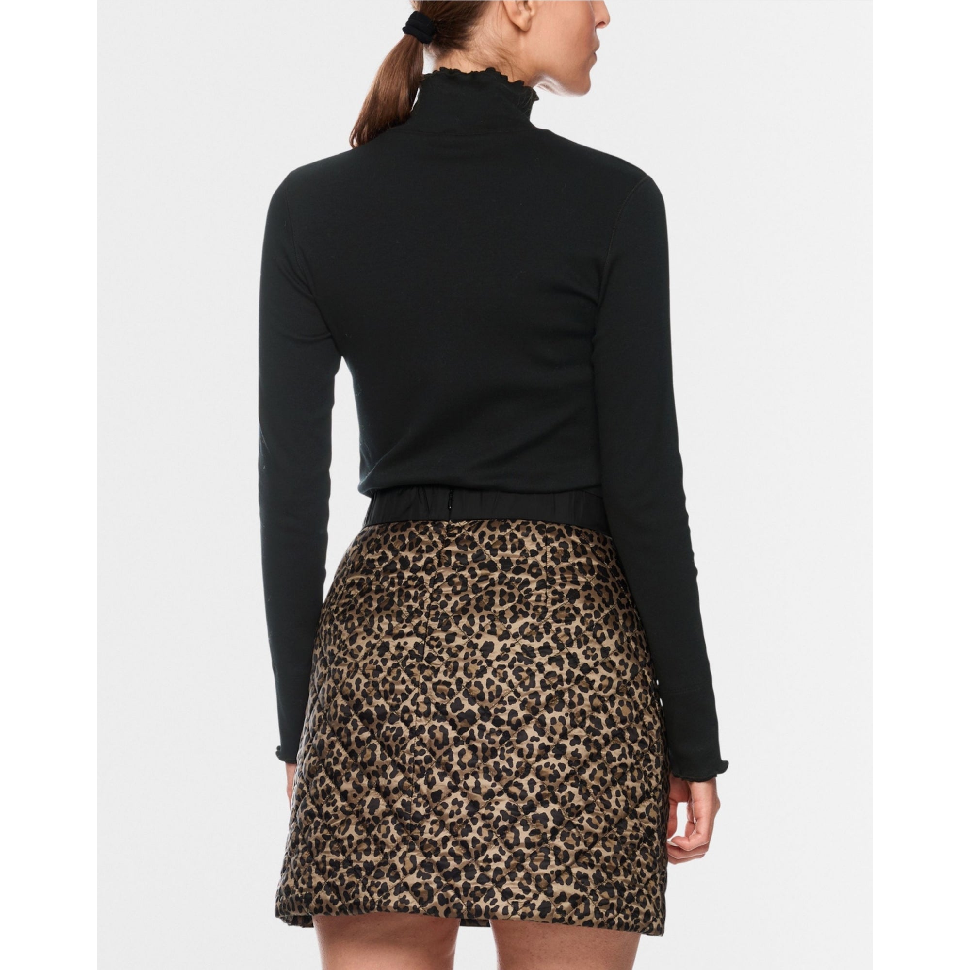 Marc Cain Dodgy Dogs Fitted Cotton Rib Polo Neck Top With Ruffle Trim Black