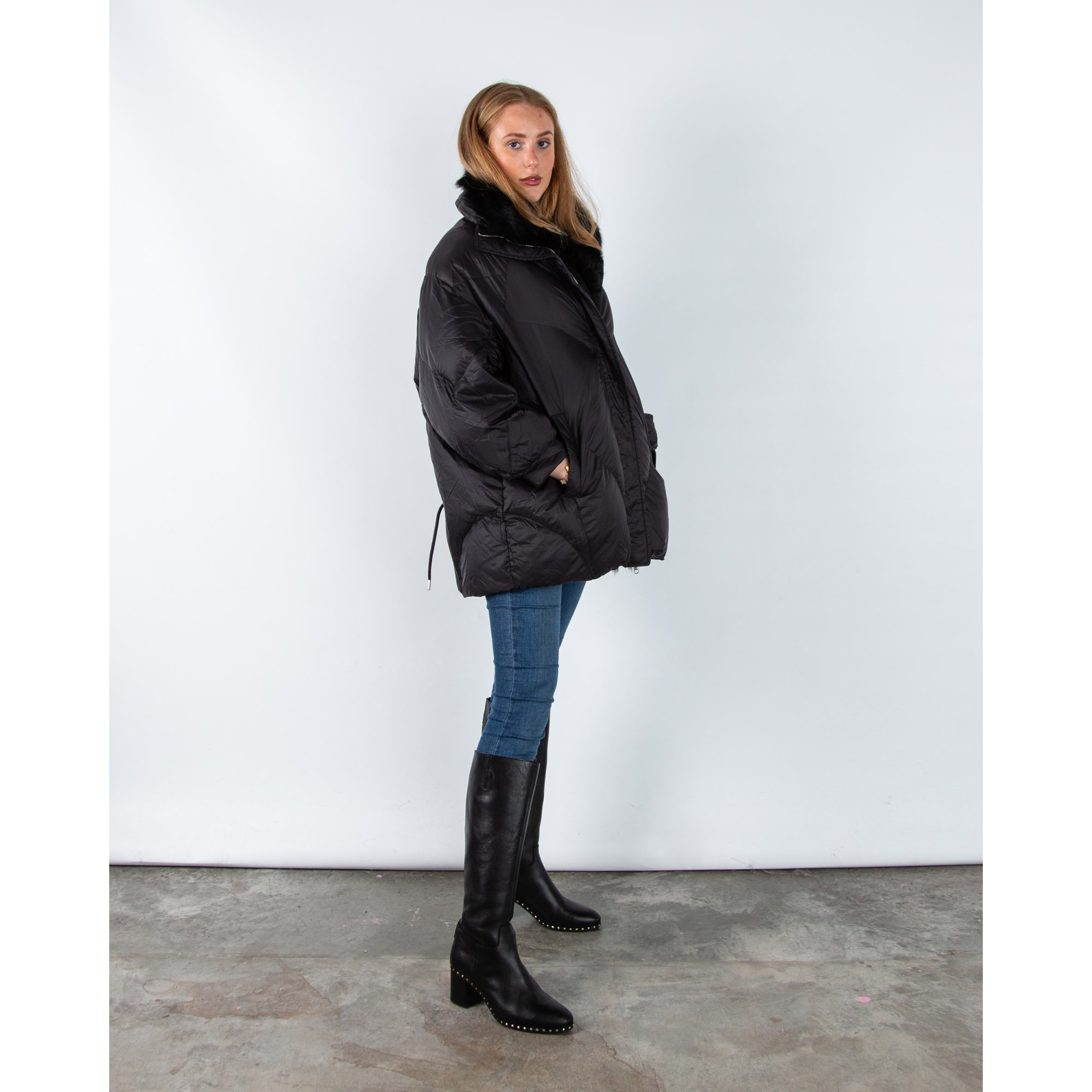 Levinsky Fur Trim Oversized Puffa Coat With Drawstring Back Black