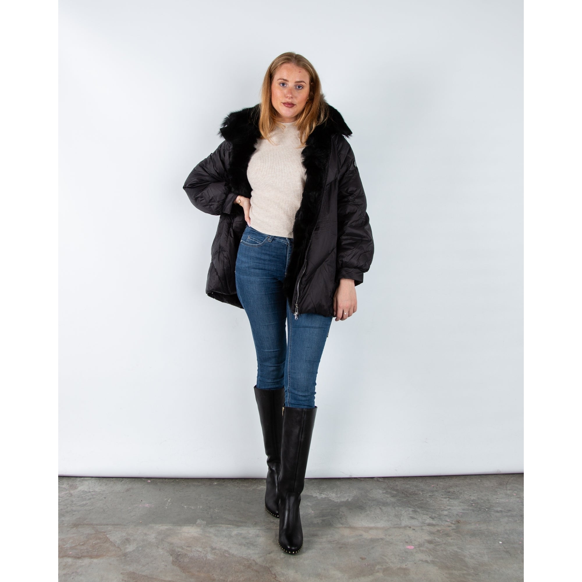 Levinsky Fur Trim Oversized Puffa Coat With Drawstring Back Black