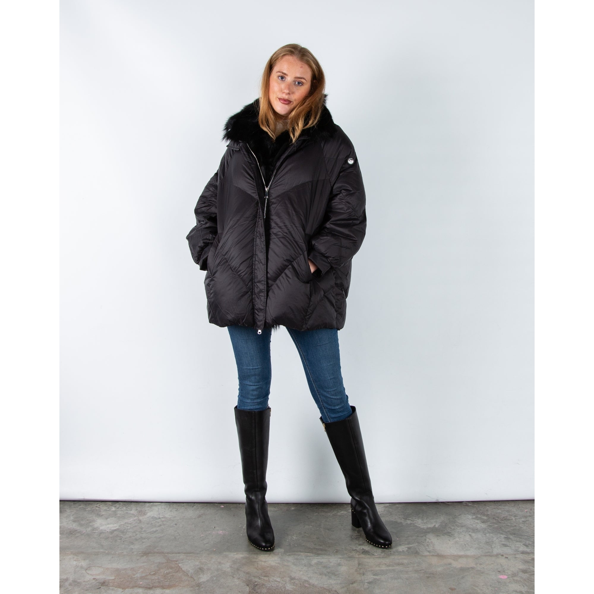 Levinsky Fur Trim Oversized Puffa Coat With Drawstring Back Black