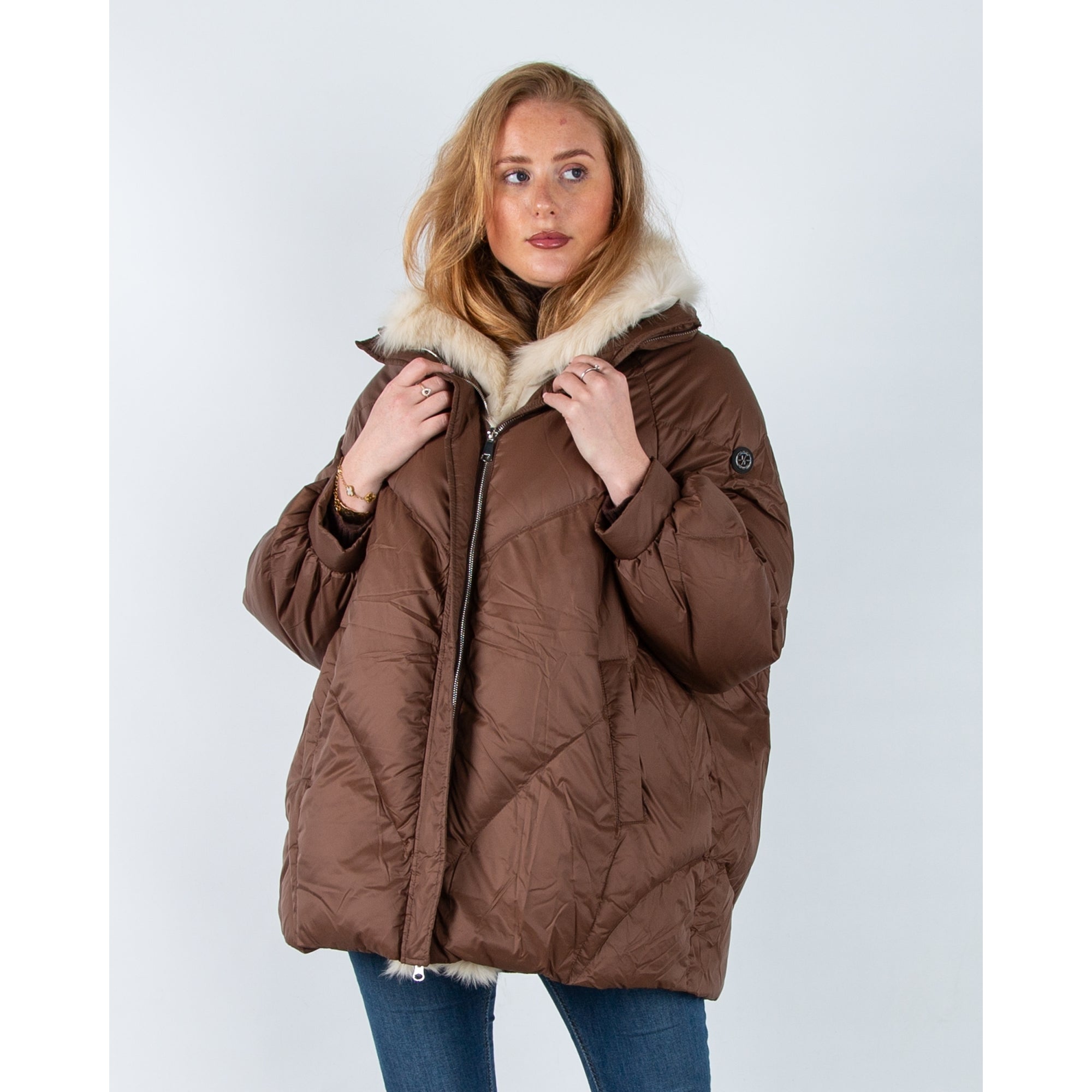 Levinsky Fur Trim Oversized Puffa Coat With Drawstring Back Latte