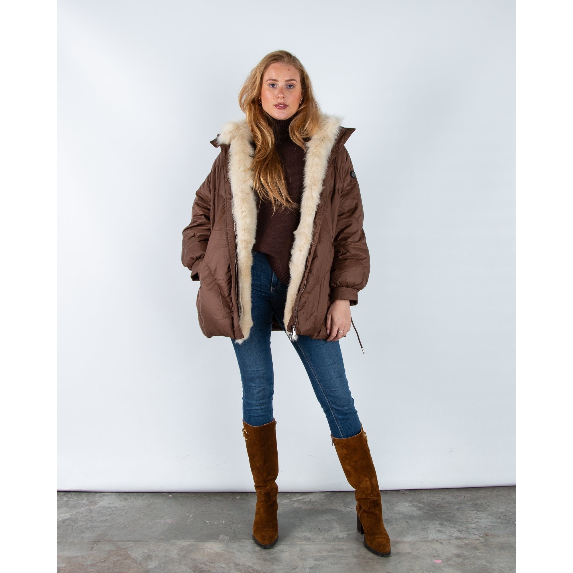 Levinsky Fur Trim Oversized Puffa Coat With Drawstring Back Latte